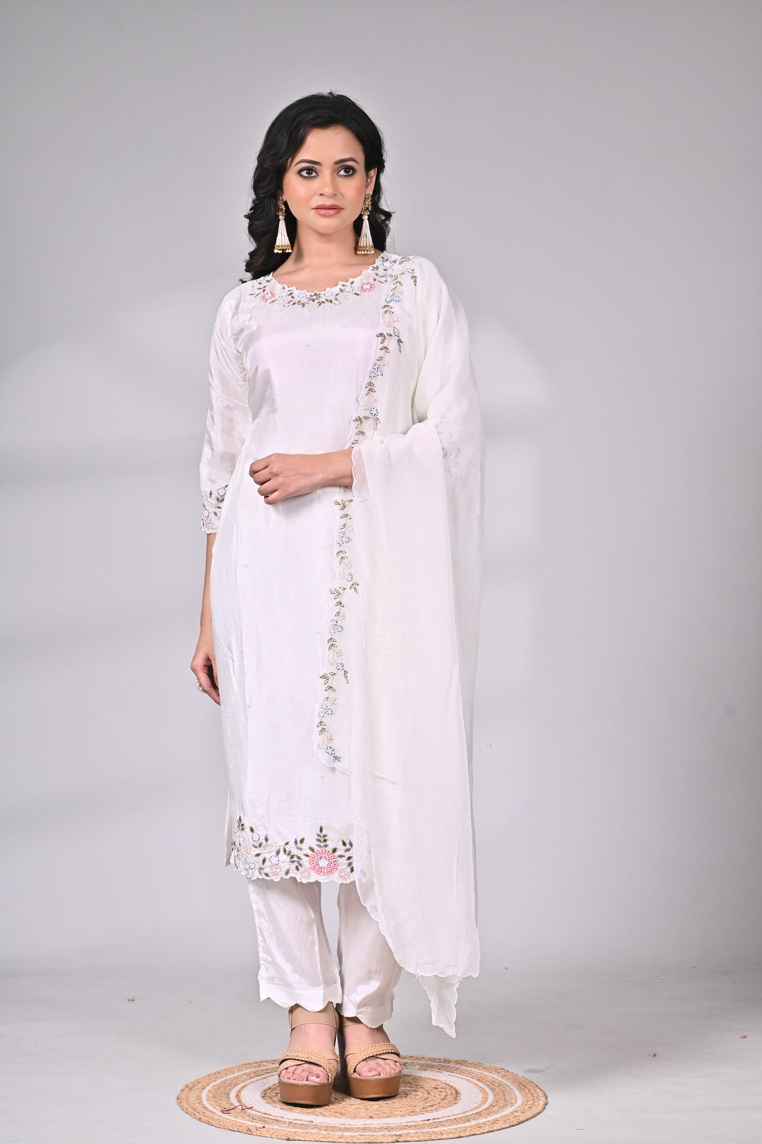 White Silk Blend Suit Set with Hand Embroidery and Dupatta Detailing