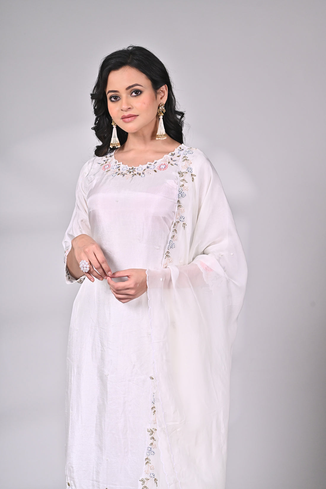 White Silk Blend Suit Set with Hand Embroidery and Dupatta Detailing
