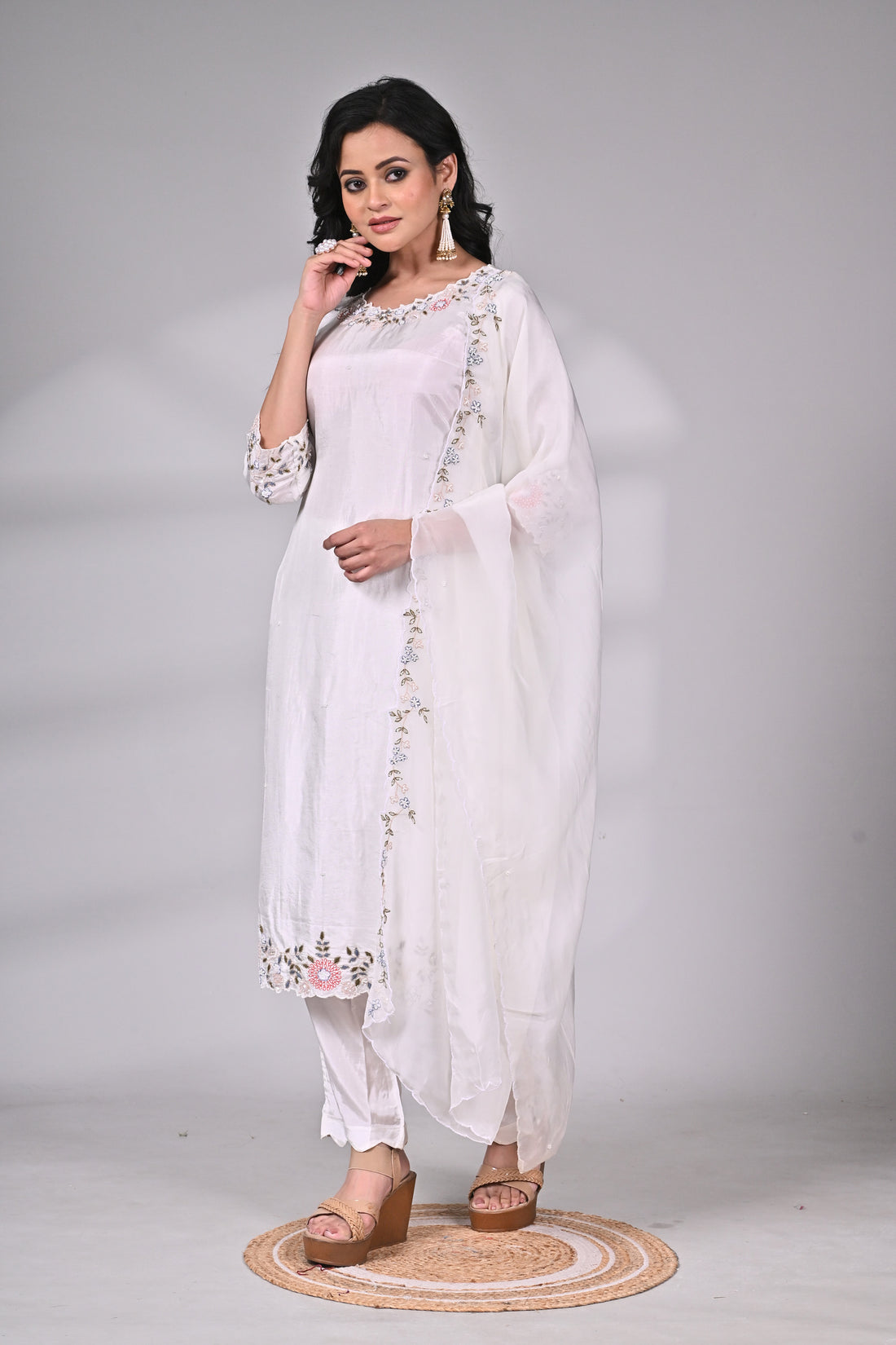 White Silk Blend Suit Set with Hand Embroidery and Dupatta Detailing