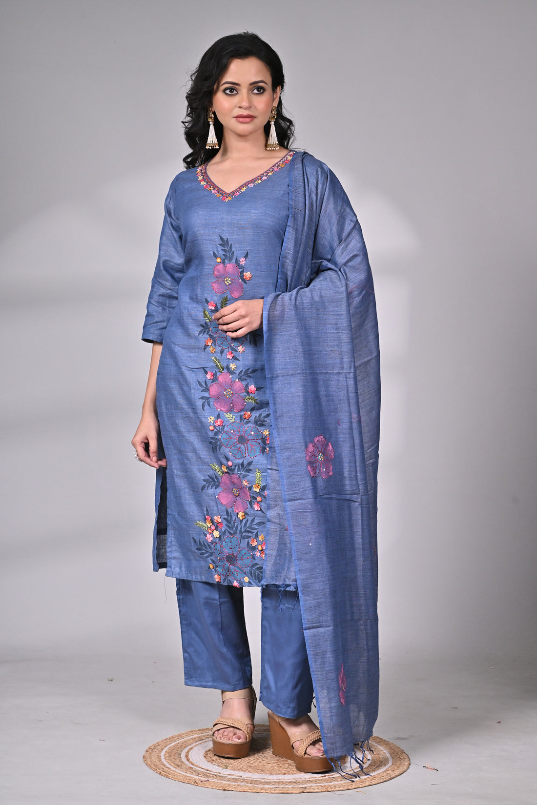 Blue Linen Cotton Suit Set with Hand Embroidery and Floral Dupatta