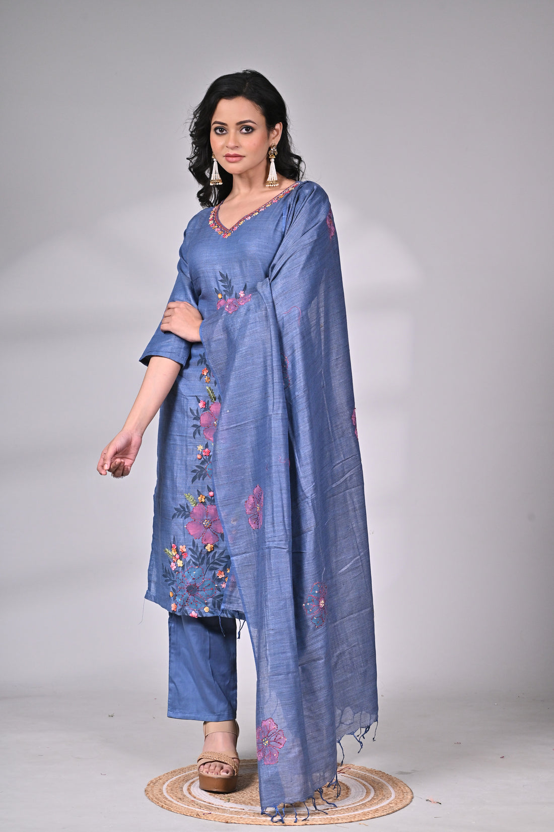 Blue Linen Cotton Suit Set with Hand Embroidery and Floral Dupatta