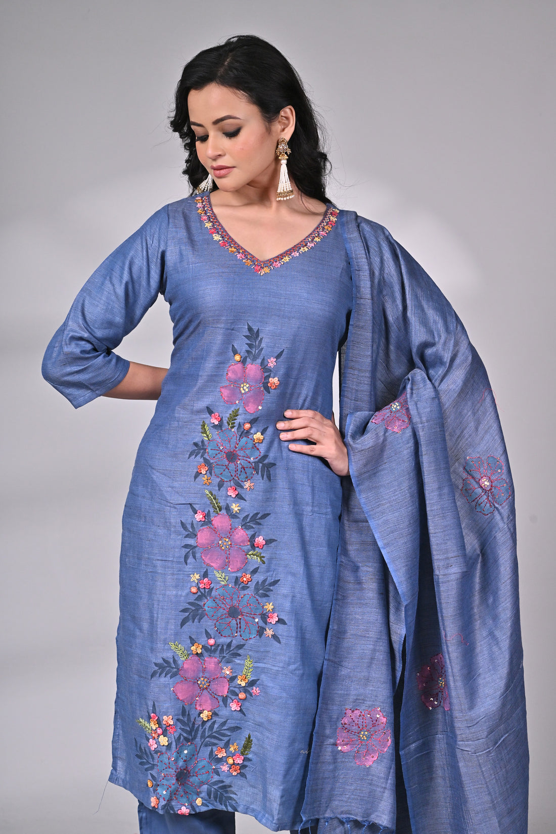 Blue Linen Cotton Suit Set with Hand Embroidery and Floral Dupatta