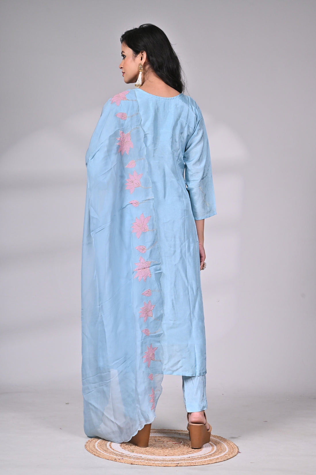 Powder Blue Silk Blend Suit Set with Lotus Appliqué and Hand Embroidery