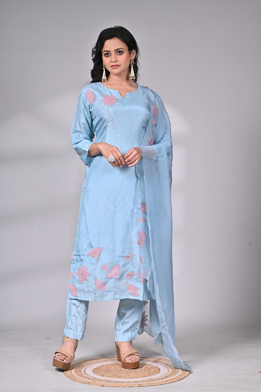 Powder Blue Silk Blend Suit Set with Lotus Appliqué and Hand Embroidery