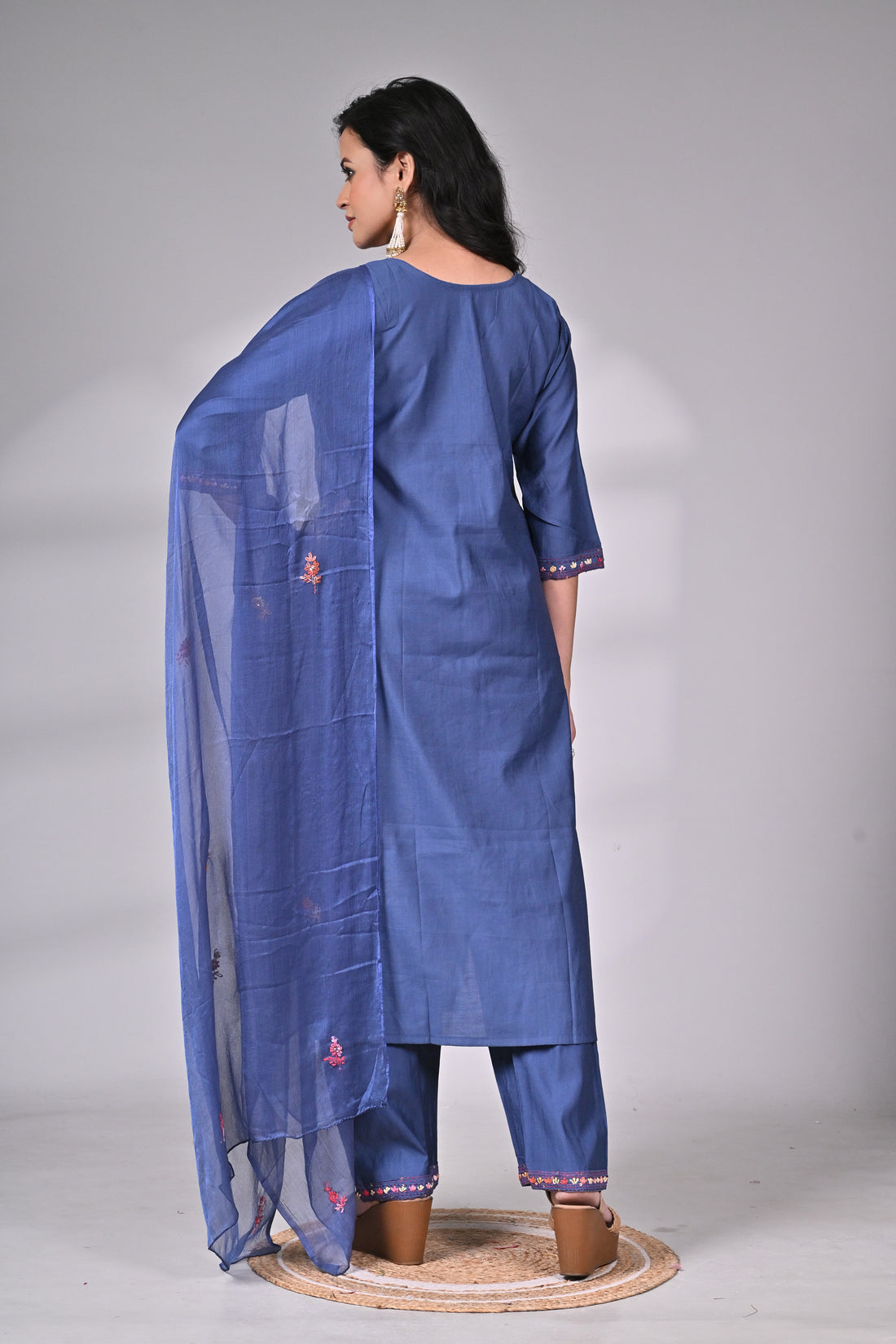 Navy Blue Cotton Silk Suit Set with Floral Hand Embroidery and Dupatta