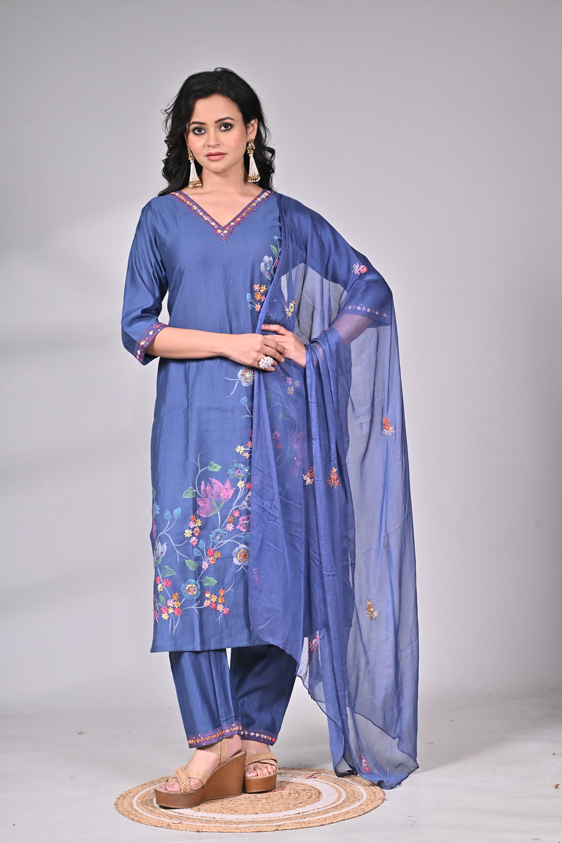 Navy Blue Cotton Silk Suit Set with Floral Hand Embroidery and Dupatta