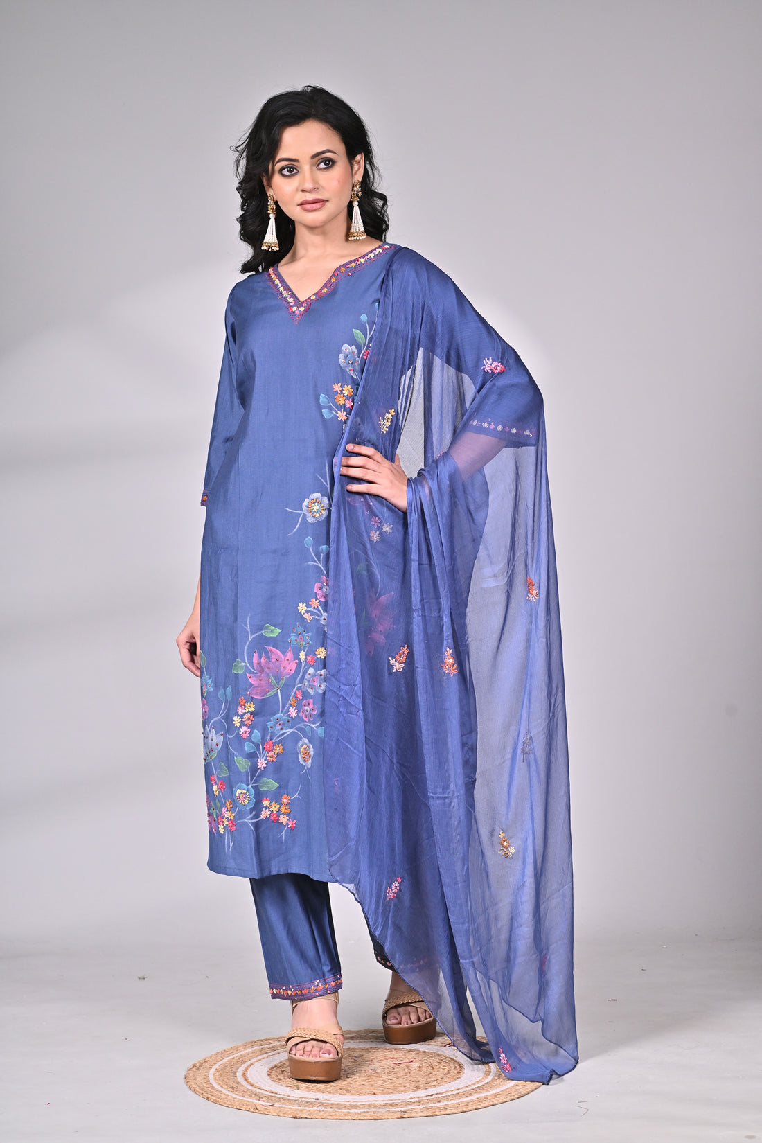 Navy Blue Cotton Silk Suit Set with Floral Hand Embroidery and Dupatta