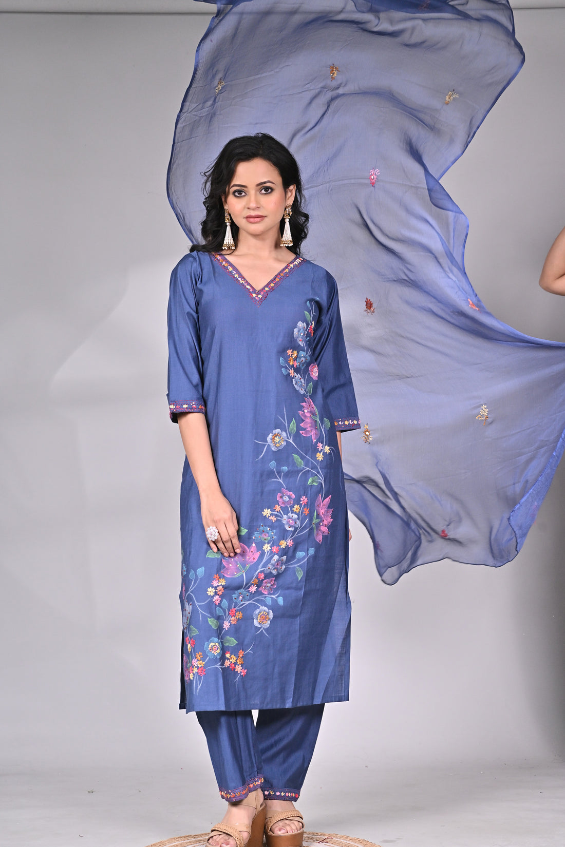 Navy Blue Cotton Silk Suit Set with Floral Hand Embroidery and Dupatta