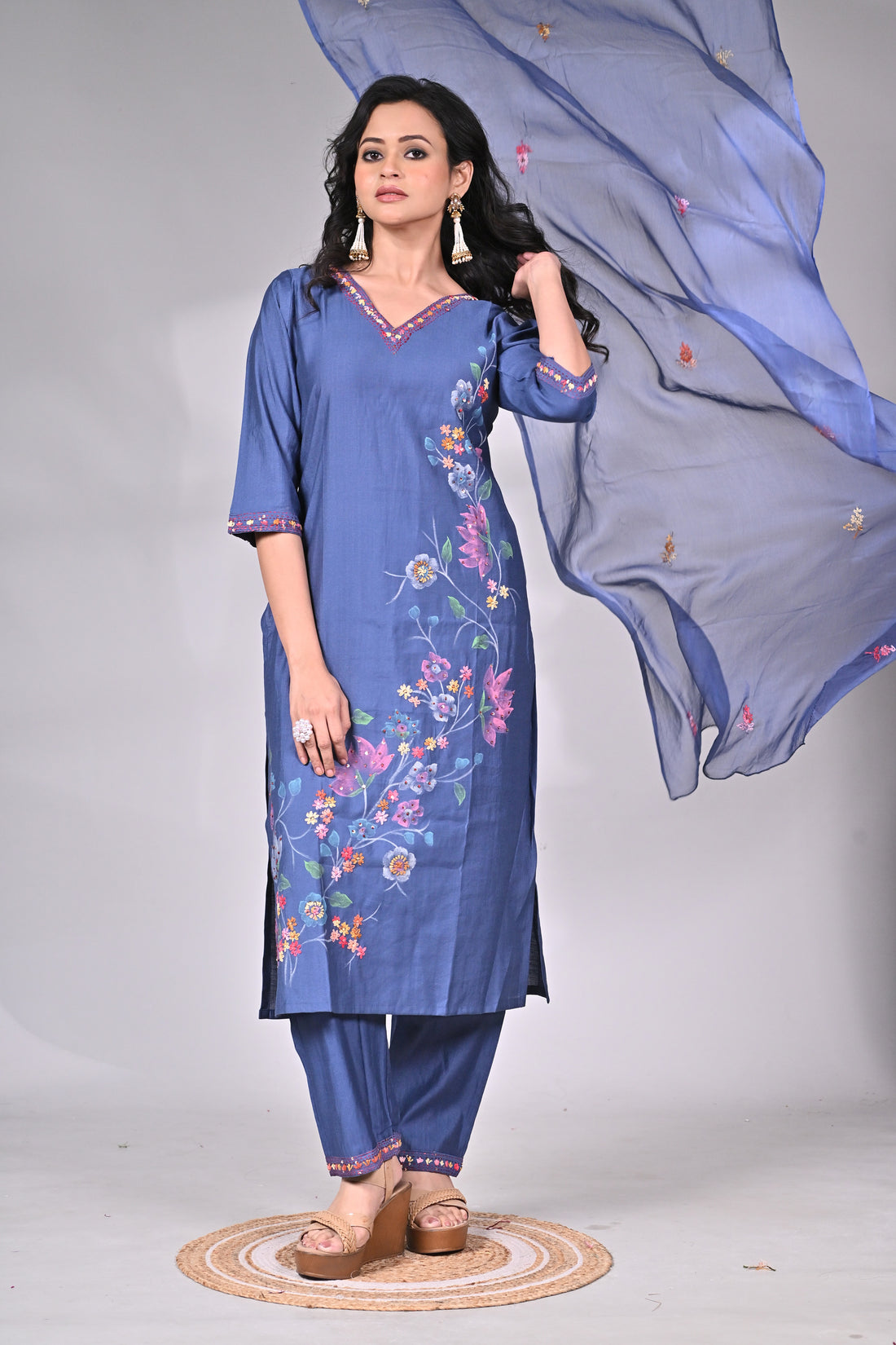 Navy Blue Cotton Silk Suit Set with Floral Hand Embroidery and Dupatta
