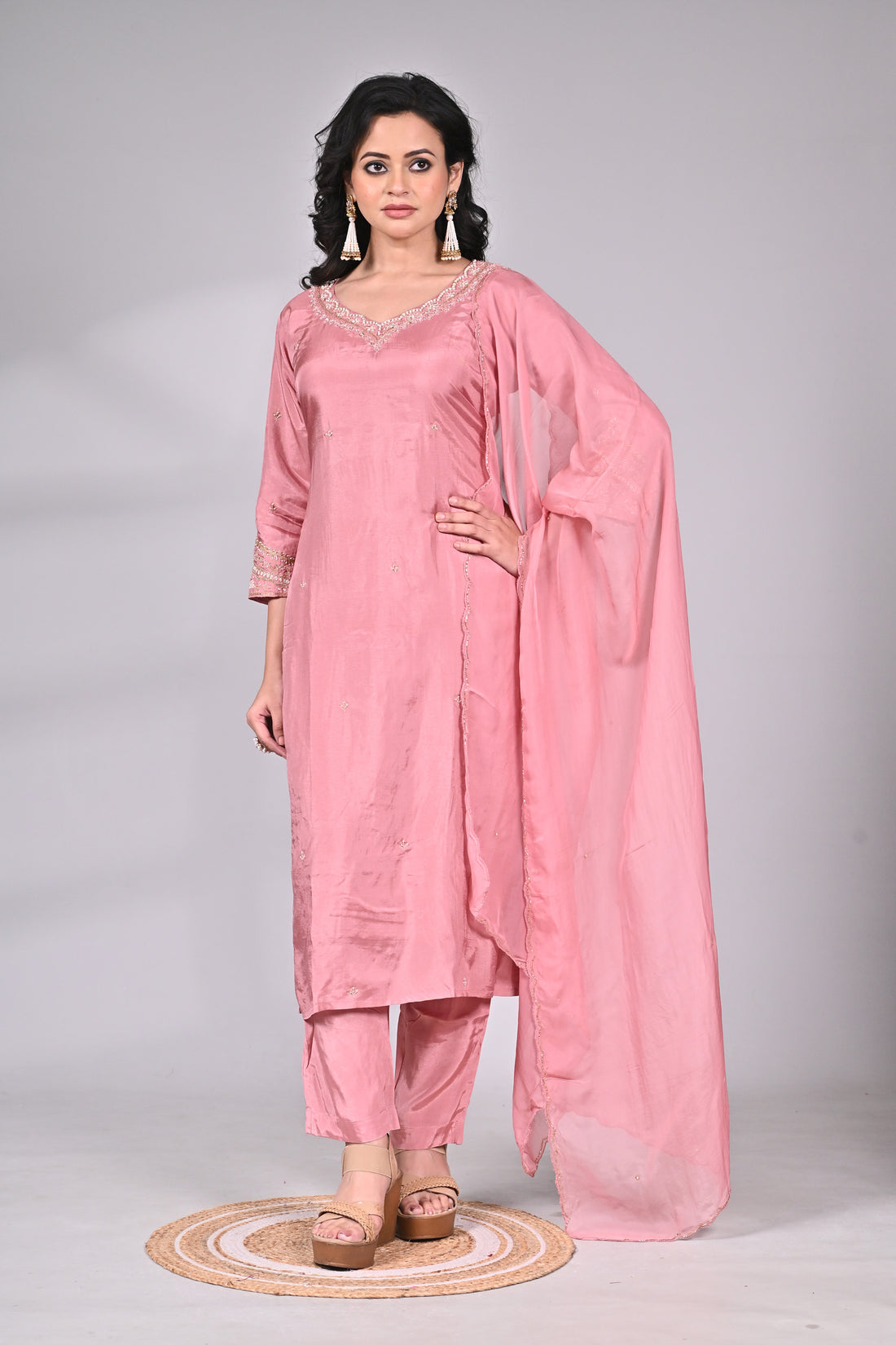 Blush Pink Silk Blend Suit Set with Hand Zari Embroidery