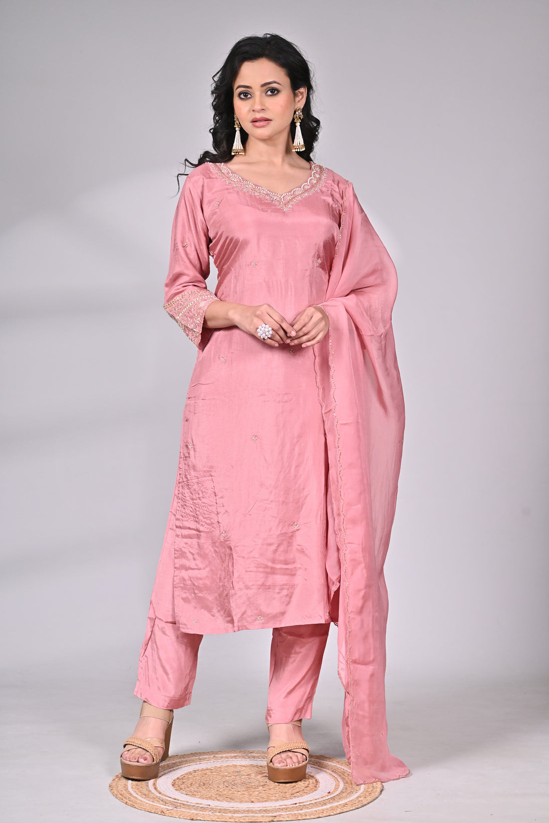 Blush Pink Silk Blend Suit Set with Hand Zari Embroidery