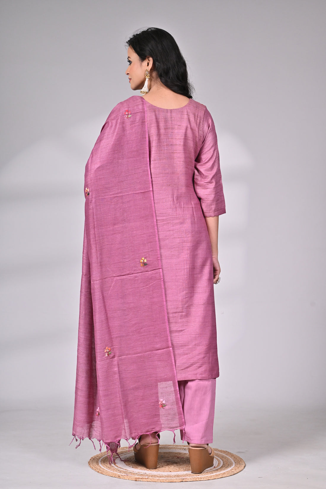 Rose Pink Cotton Linen Suit Set with Hand Embroidery and Dupatta