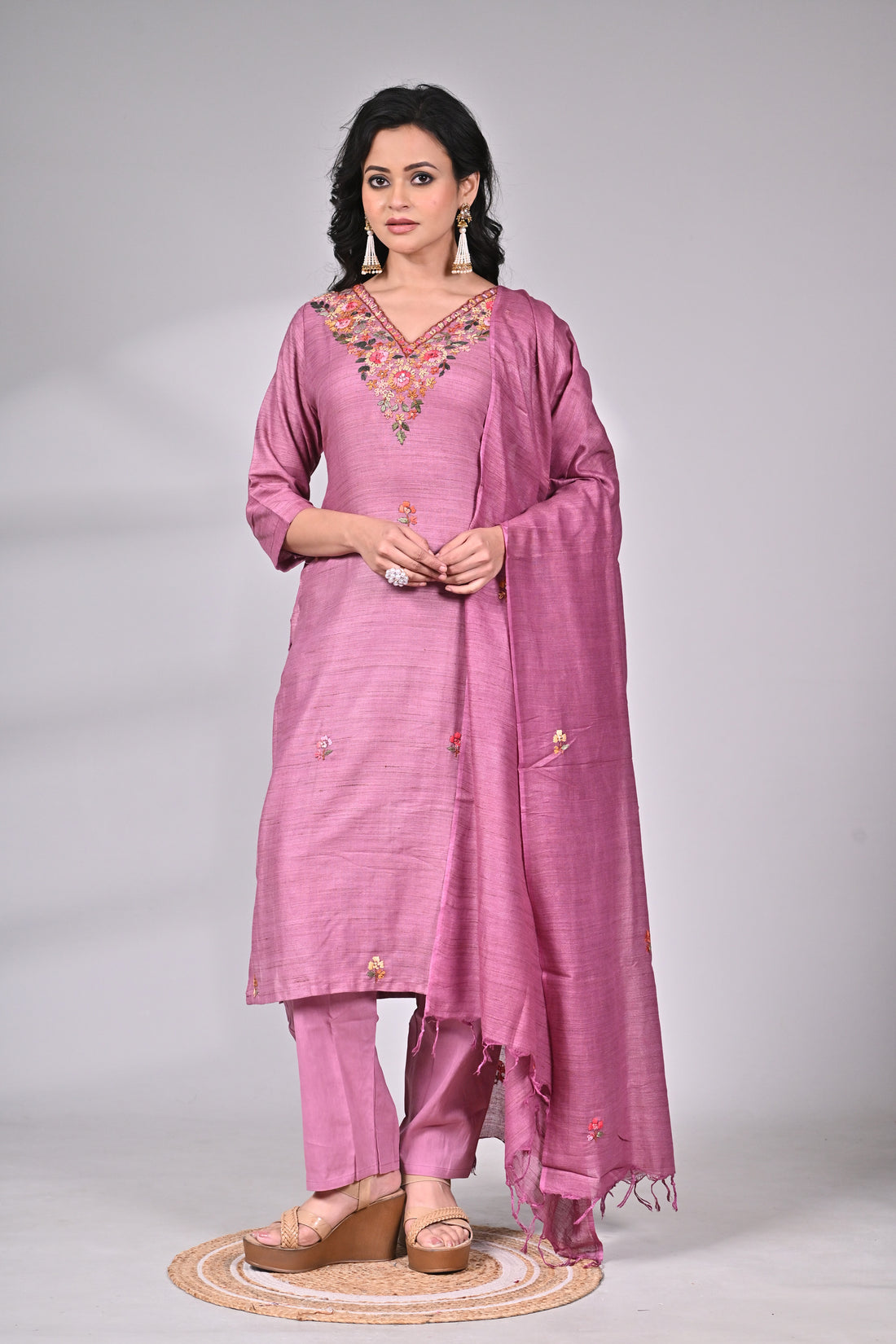 Rose Pink Cotton Linen Suit Set with Hand Embroidery and Dupatta