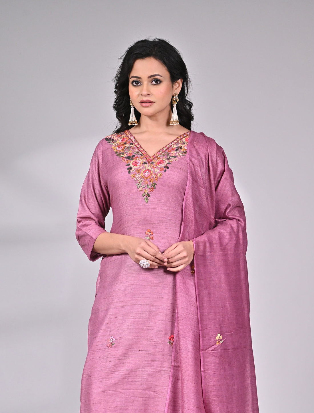 Rose Pink Cotton Linen Suit Set with Hand Embroidery and Dupatta