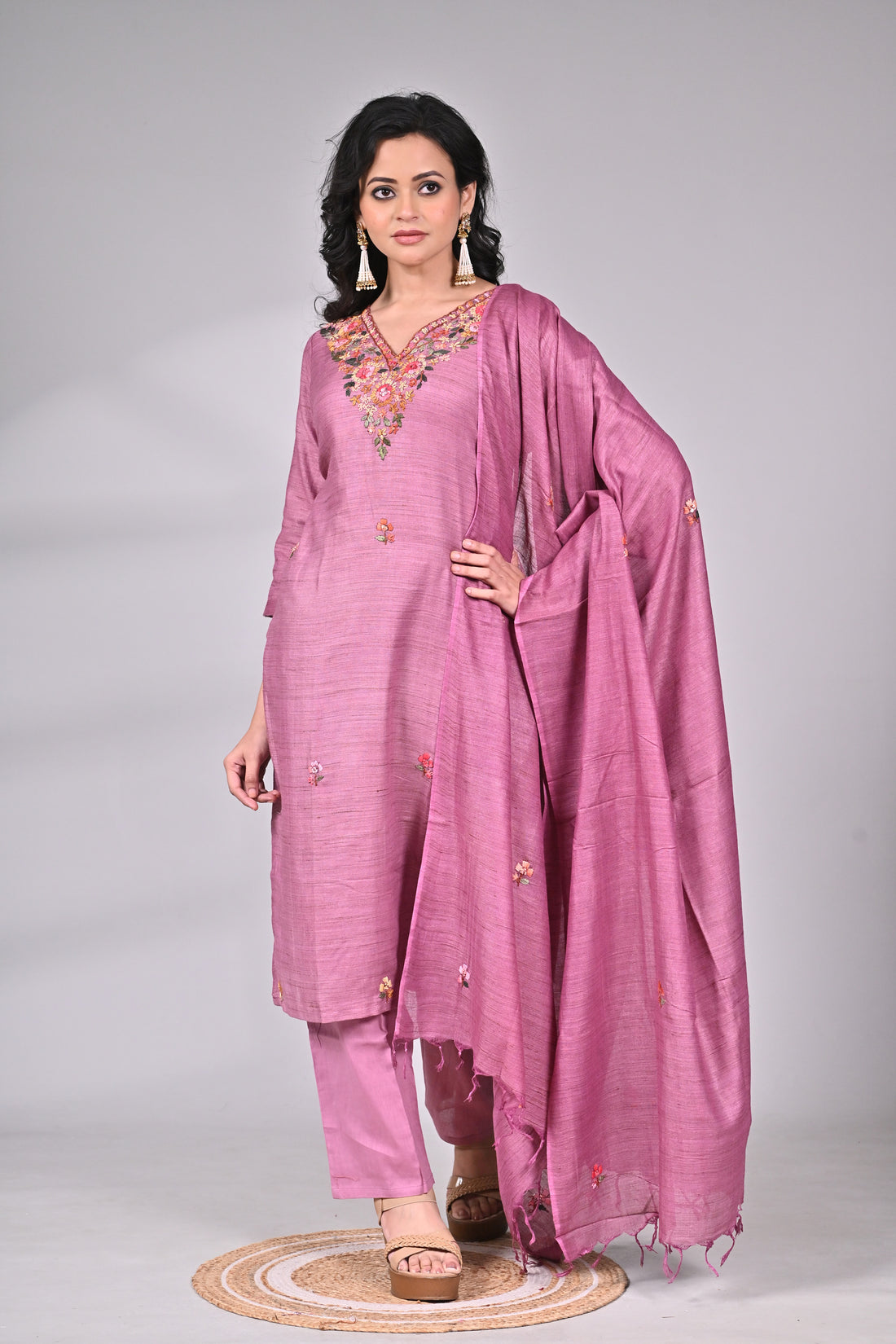 Rose Pink Cotton Linen Suit Set with Hand Embroidery and Dupatta