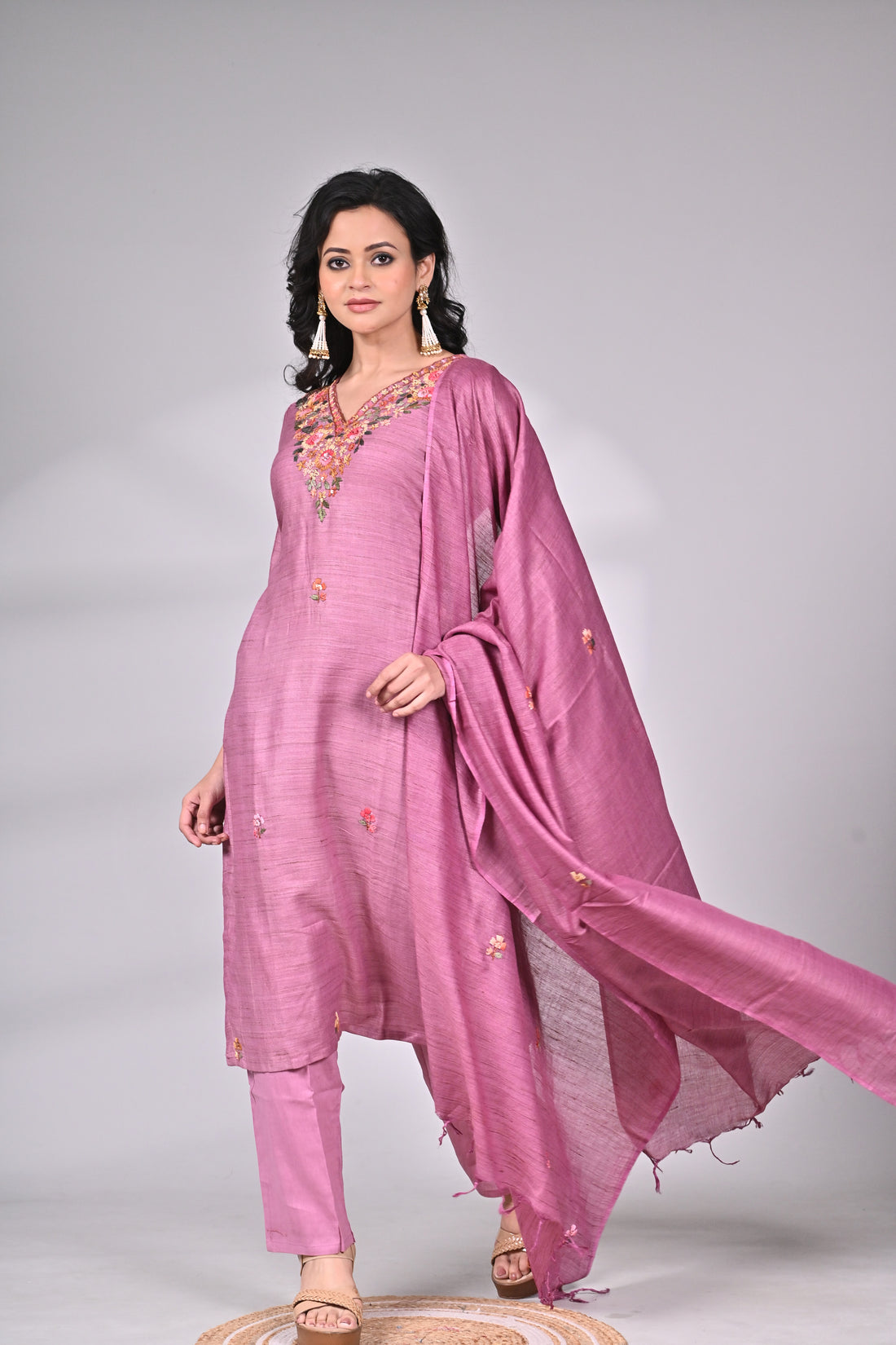 Rose Pink Cotton Linen Suit Set with Hand Embroidery and Dupatta