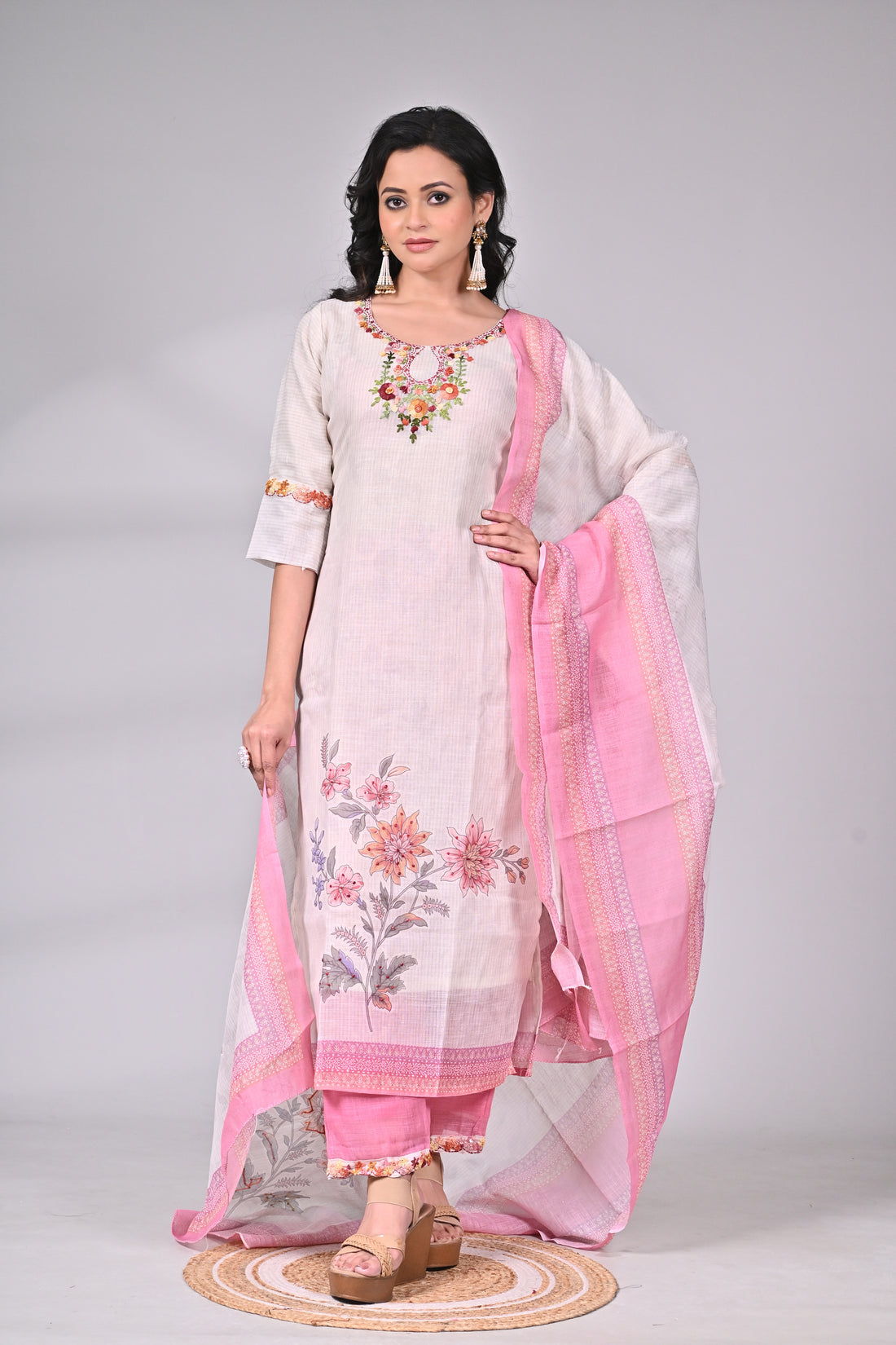 Ivory Linen Cotton Suit Set with Floral Hand Embroidery and Pink Dupatta