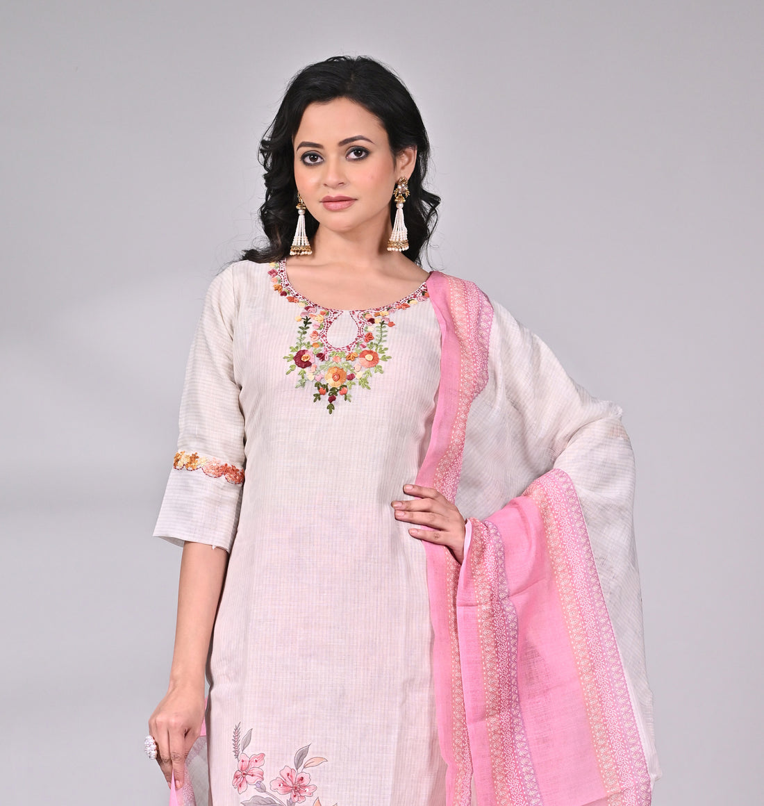 Ivory Linen Cotton Suit Set with Floral Hand Embroidery and Pink Dupatta