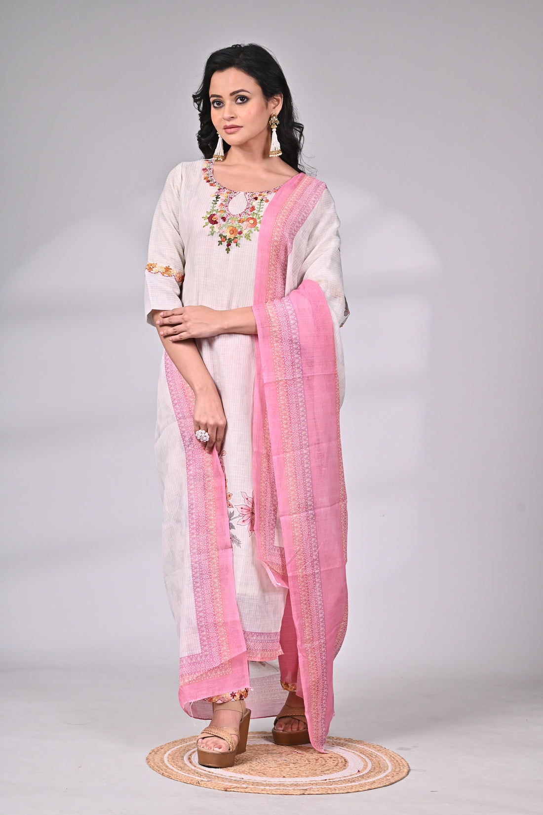 Ivory Linen Cotton Suit Set with Floral Hand Embroidery and Pink Dupatta