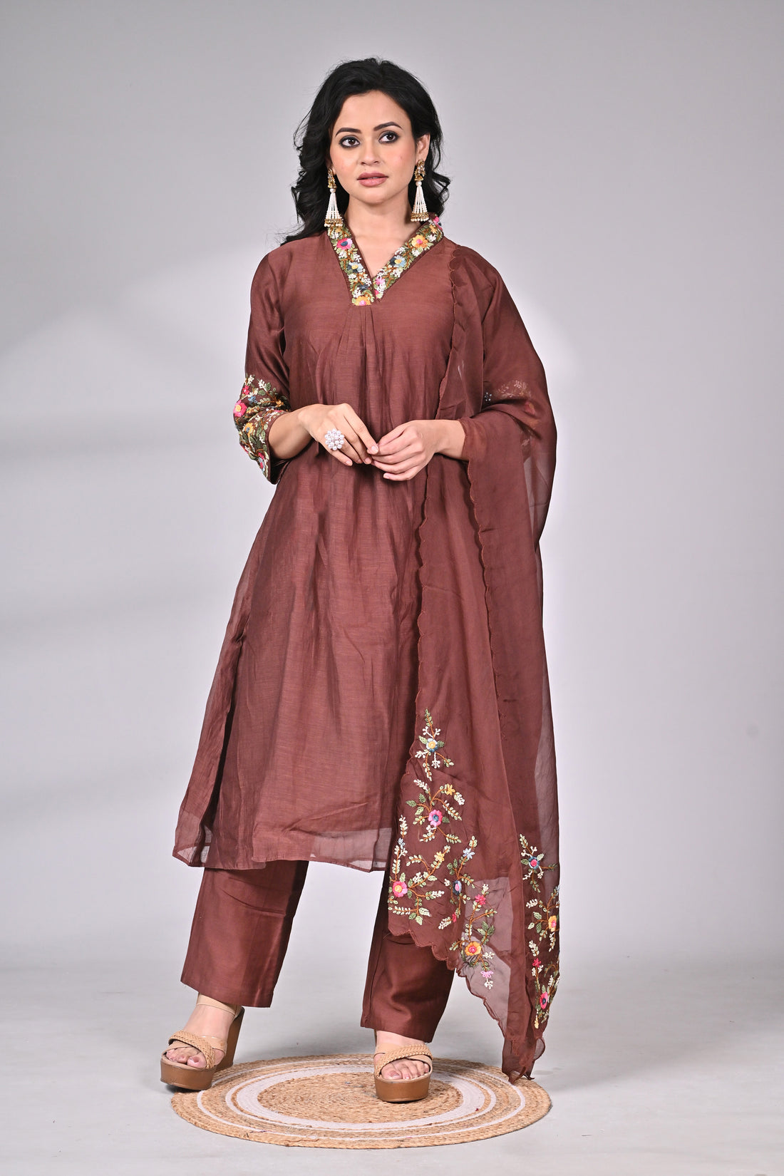 Elegant Brown Cotton Silk Embroidered Suit Set with Dupatta