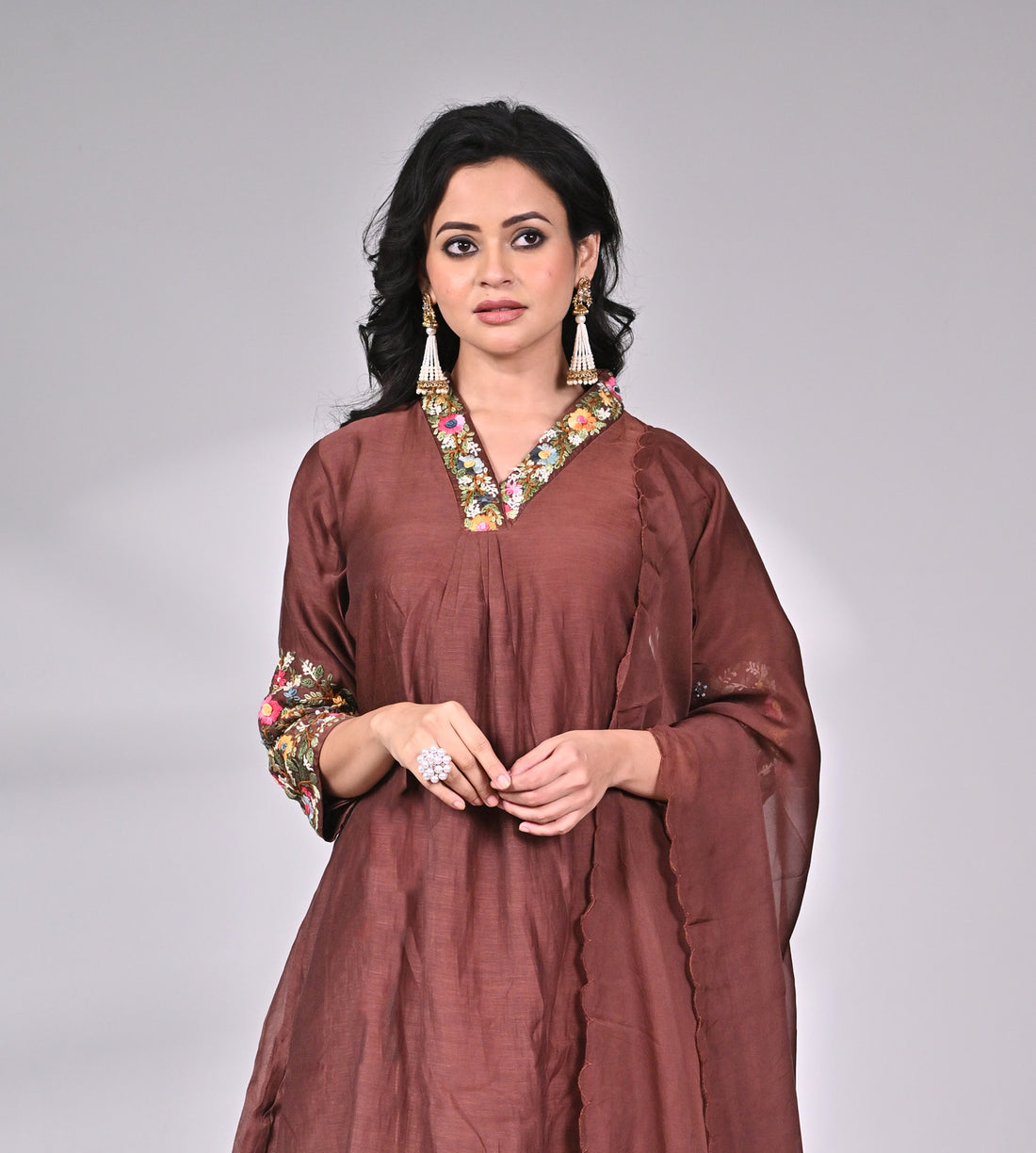 Elegant Brown Cotton Silk Embroidered Suit Set with Dupatta