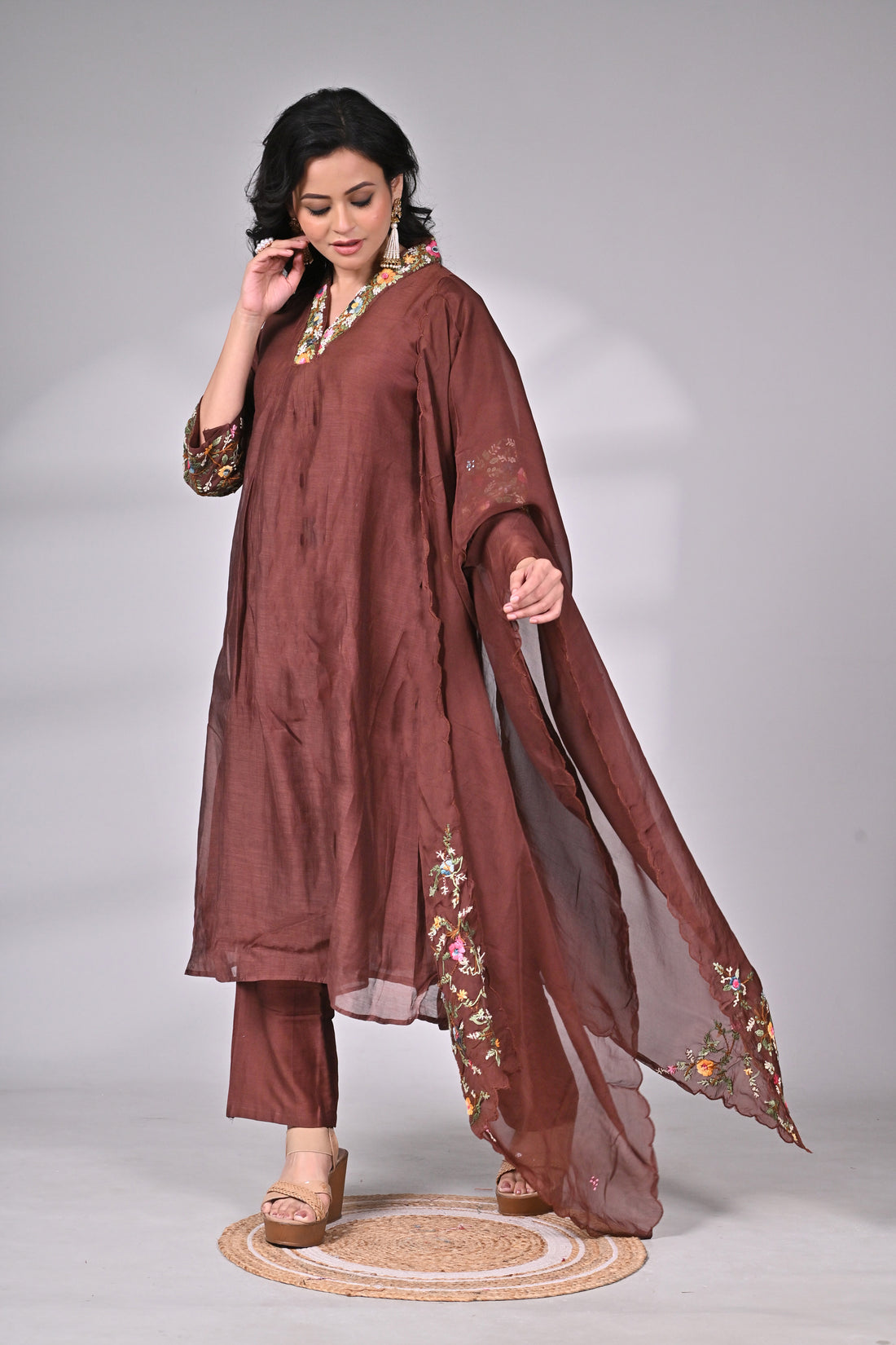 Elegant Brown Cotton Silk Embroidered Suit Set with Dupatta
