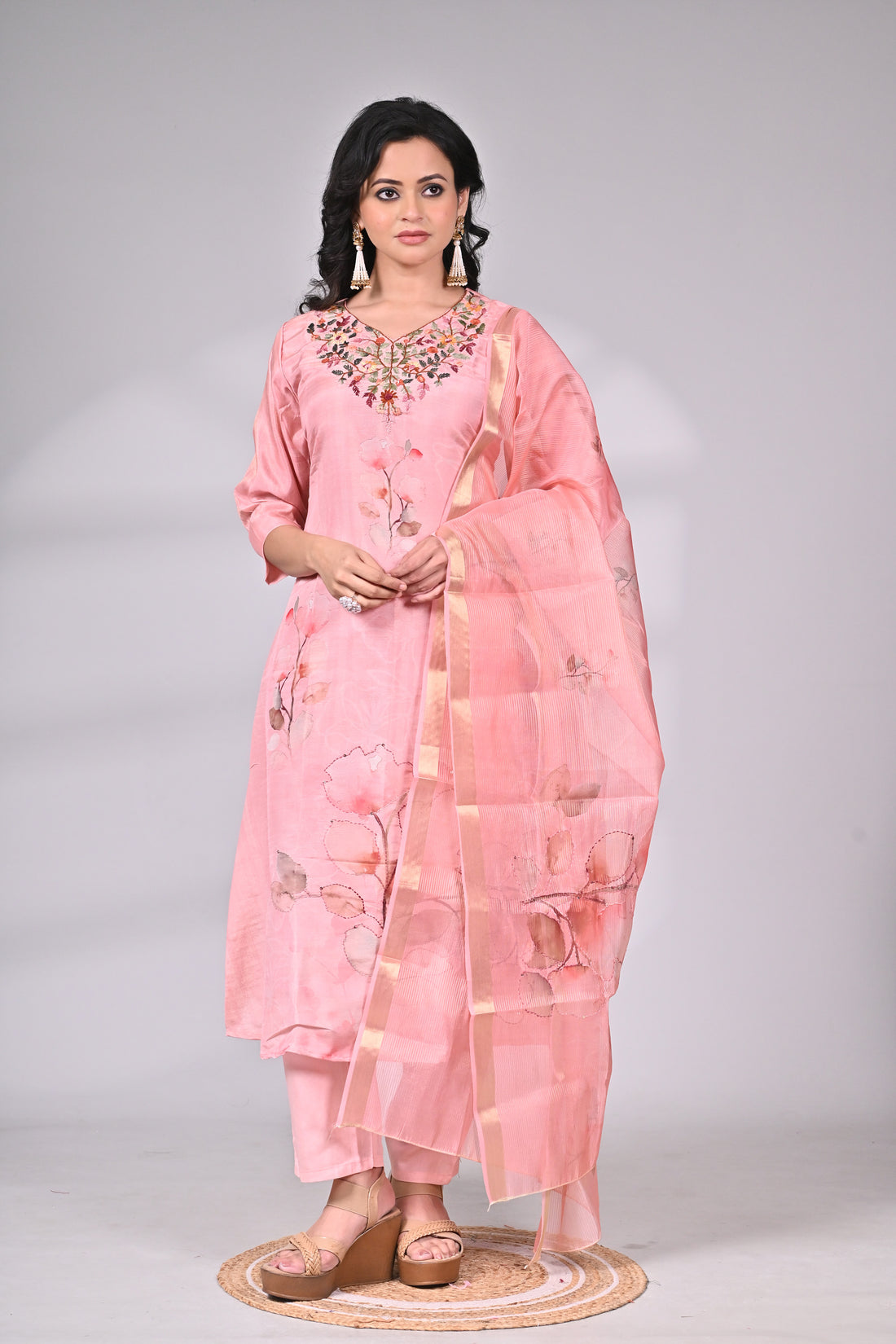 Pink Tissue Silk Embroidered Suit Set with Dupatta