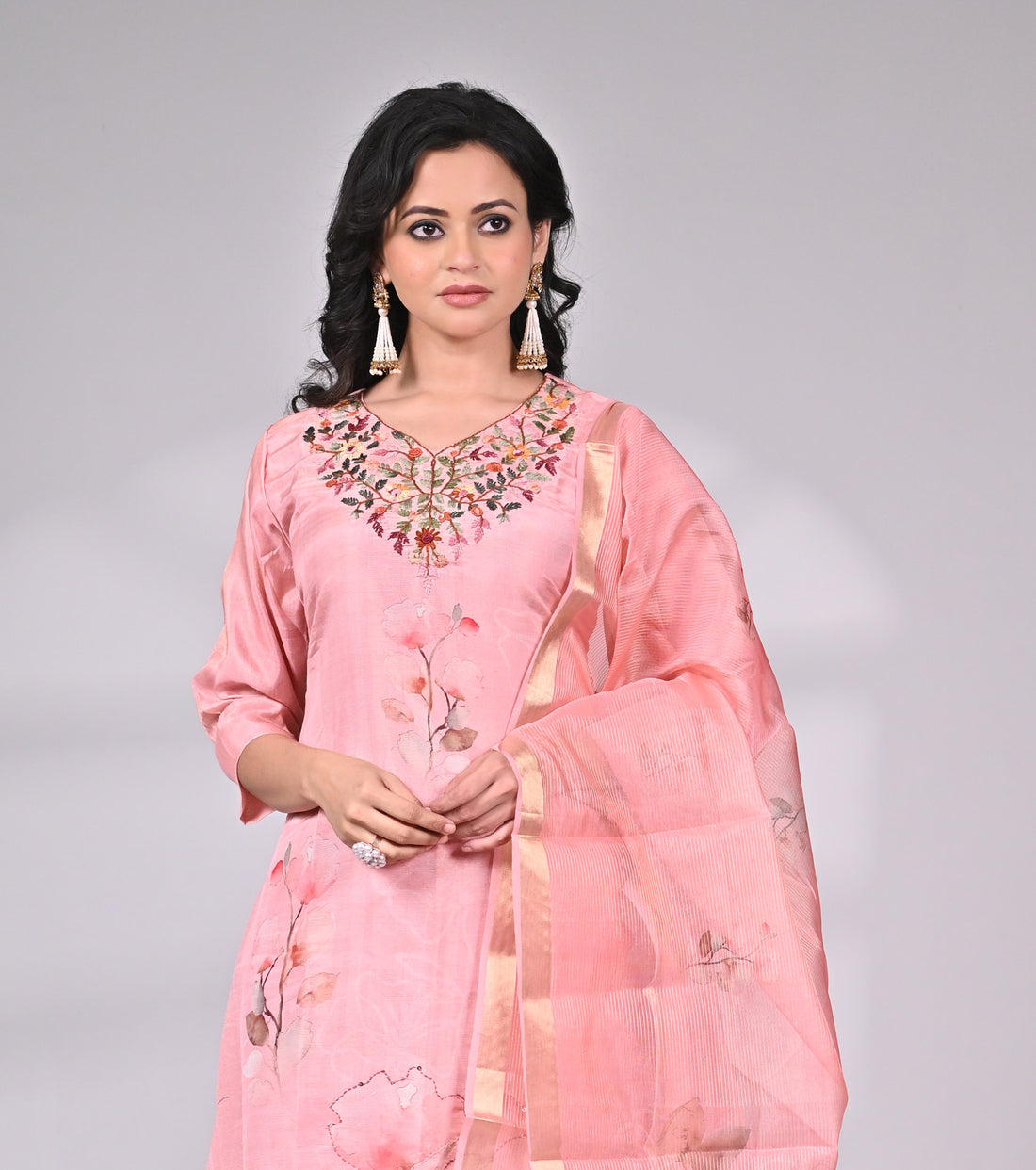 Pink Tissue Silk Embroidered Suit Set with Dupatta