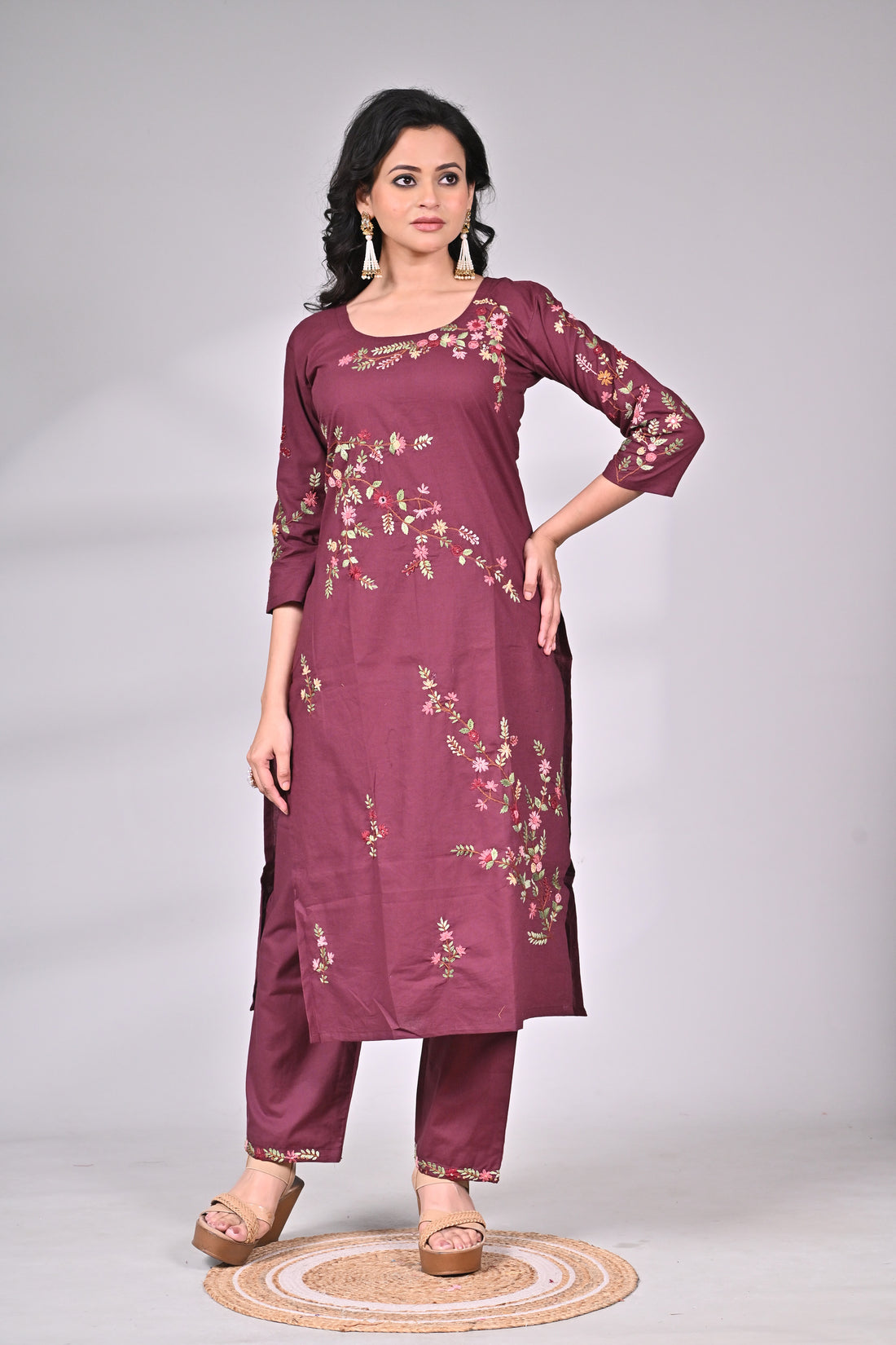 Maroon Cotton Embroidered Suit Set with Straight Pants