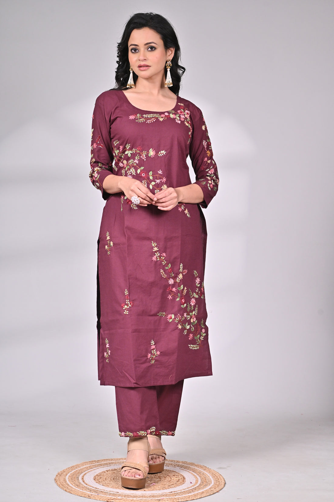 Maroon Cotton Embroidered Suit Set with Straight Pants