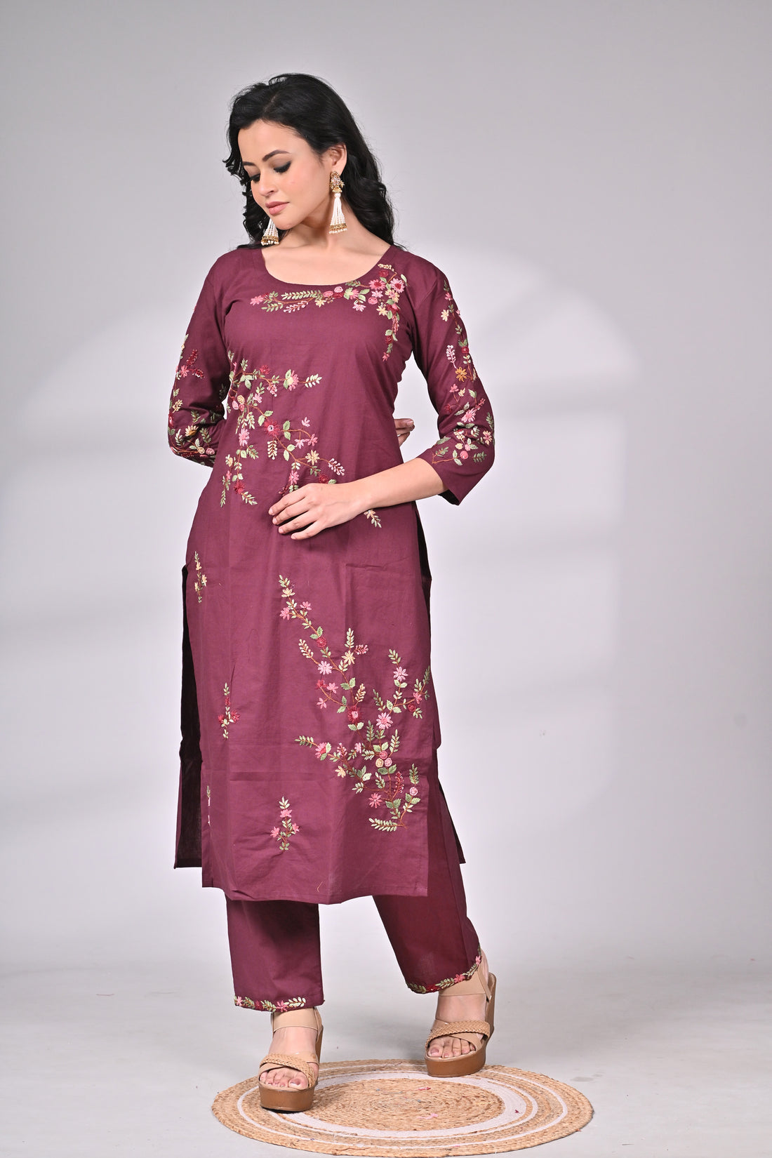 Maroon Cotton Embroidered Suit Set with Straight Pants