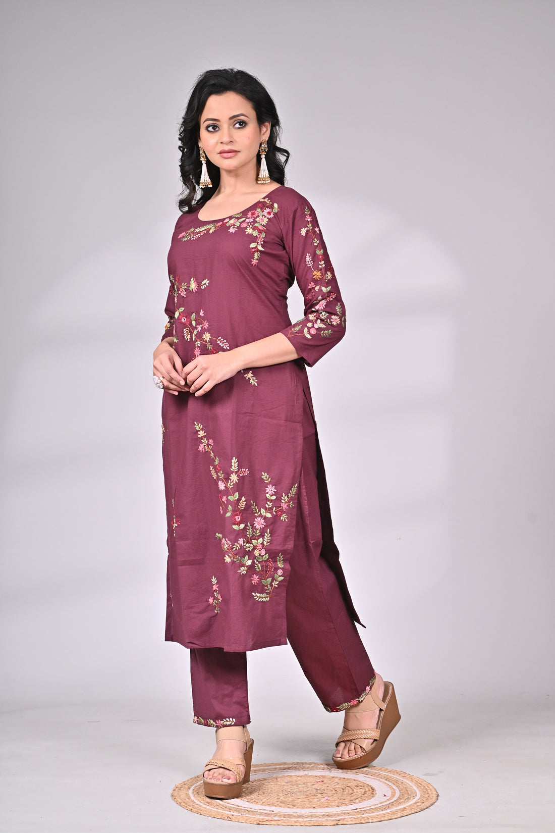 Maroon Cotton Embroidered Suit Set with Straight Pants