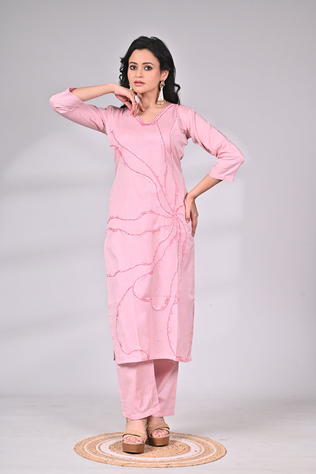 Light Pink Cotton Knot Work Suit Set with Straight Pants