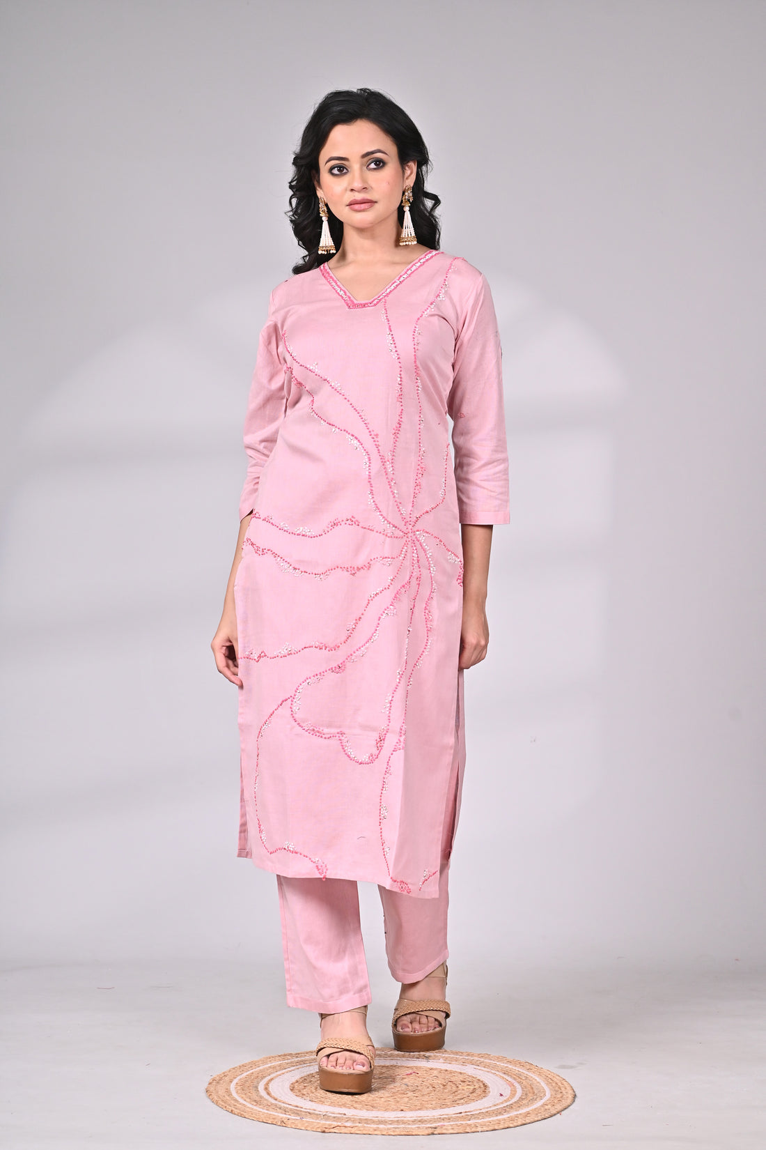Light Pink Cotton Knot Work Suit Set with Straight Pants