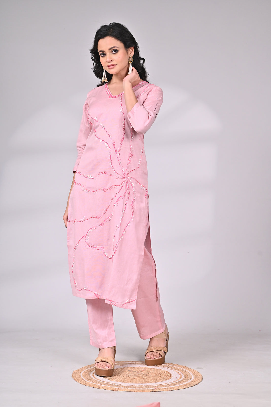 Light Pink Cotton Knot Work Suit Set with Straight Pants