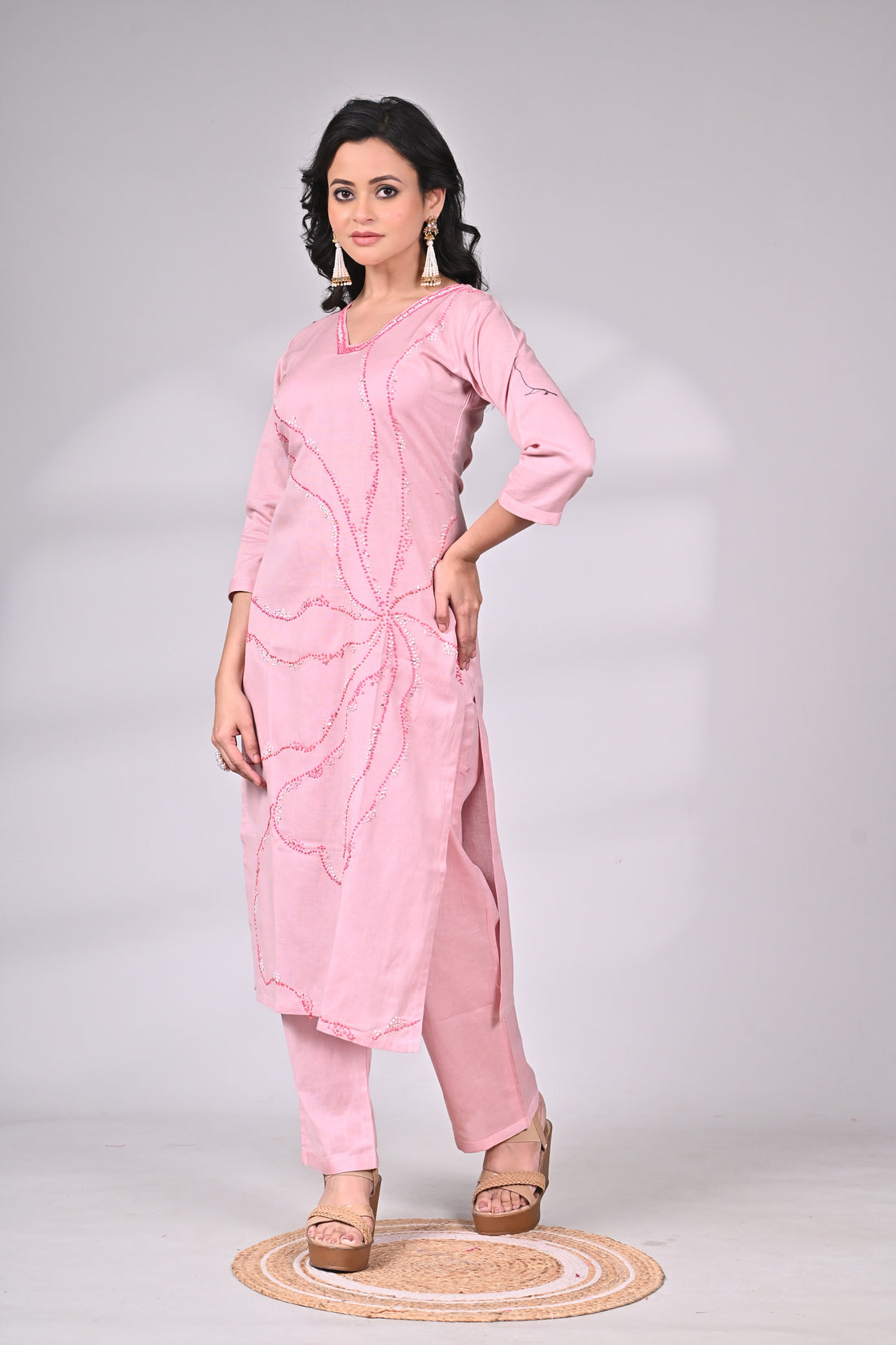 Light Pink Cotton Knot Work Suit Set with Straight Pants