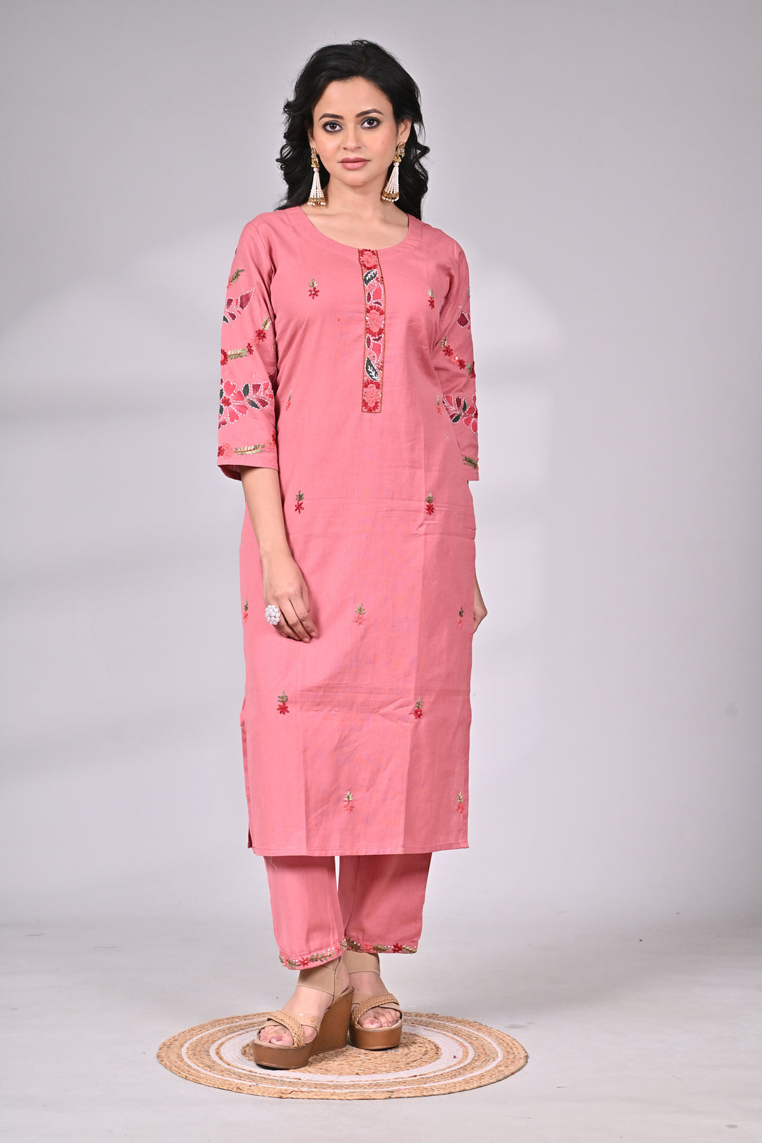 Pink Cotton Embroidered Suit Set with Straight Pants