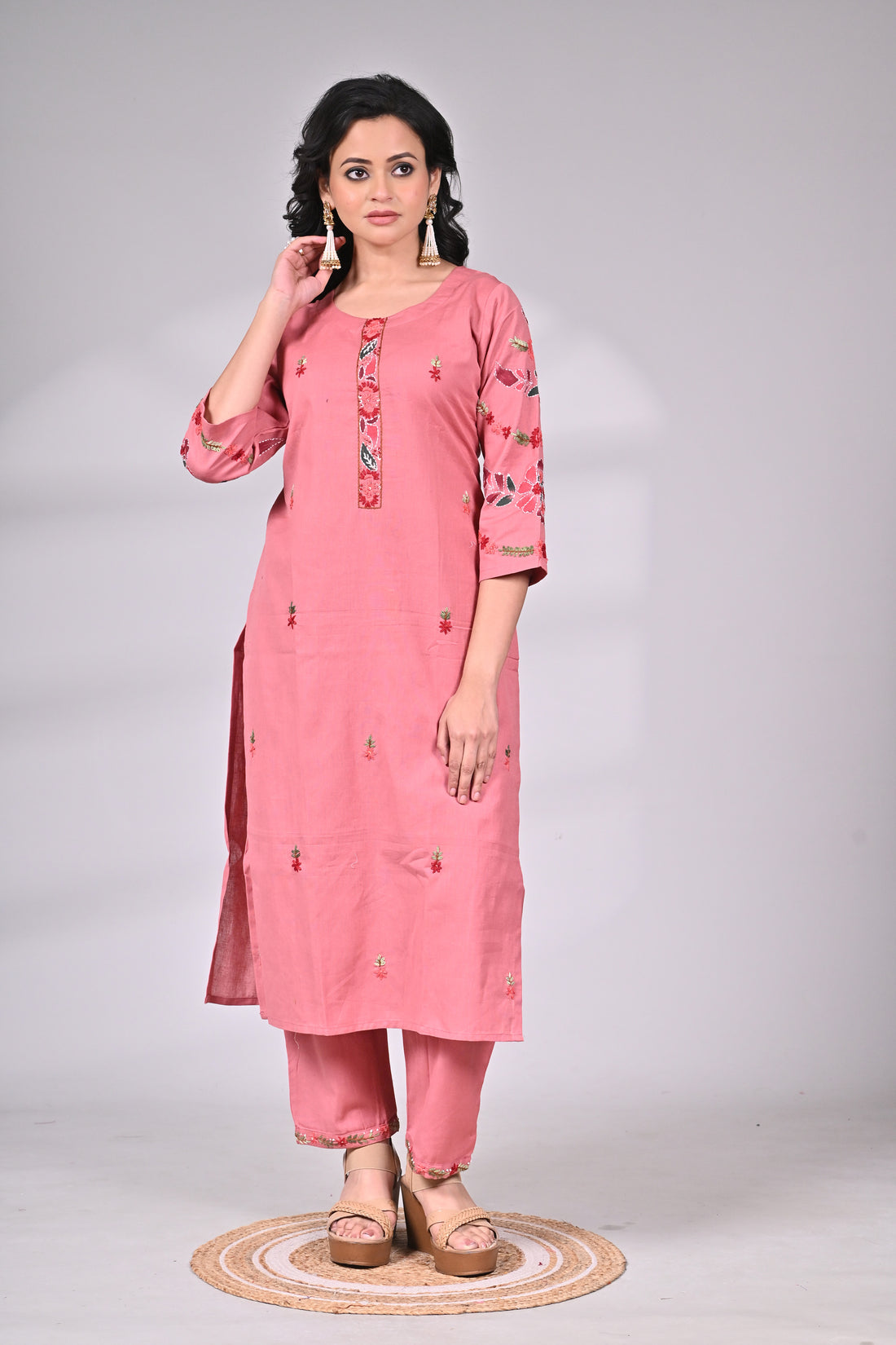 Pink Cotton Embroidered Suit Set with Straight Pants