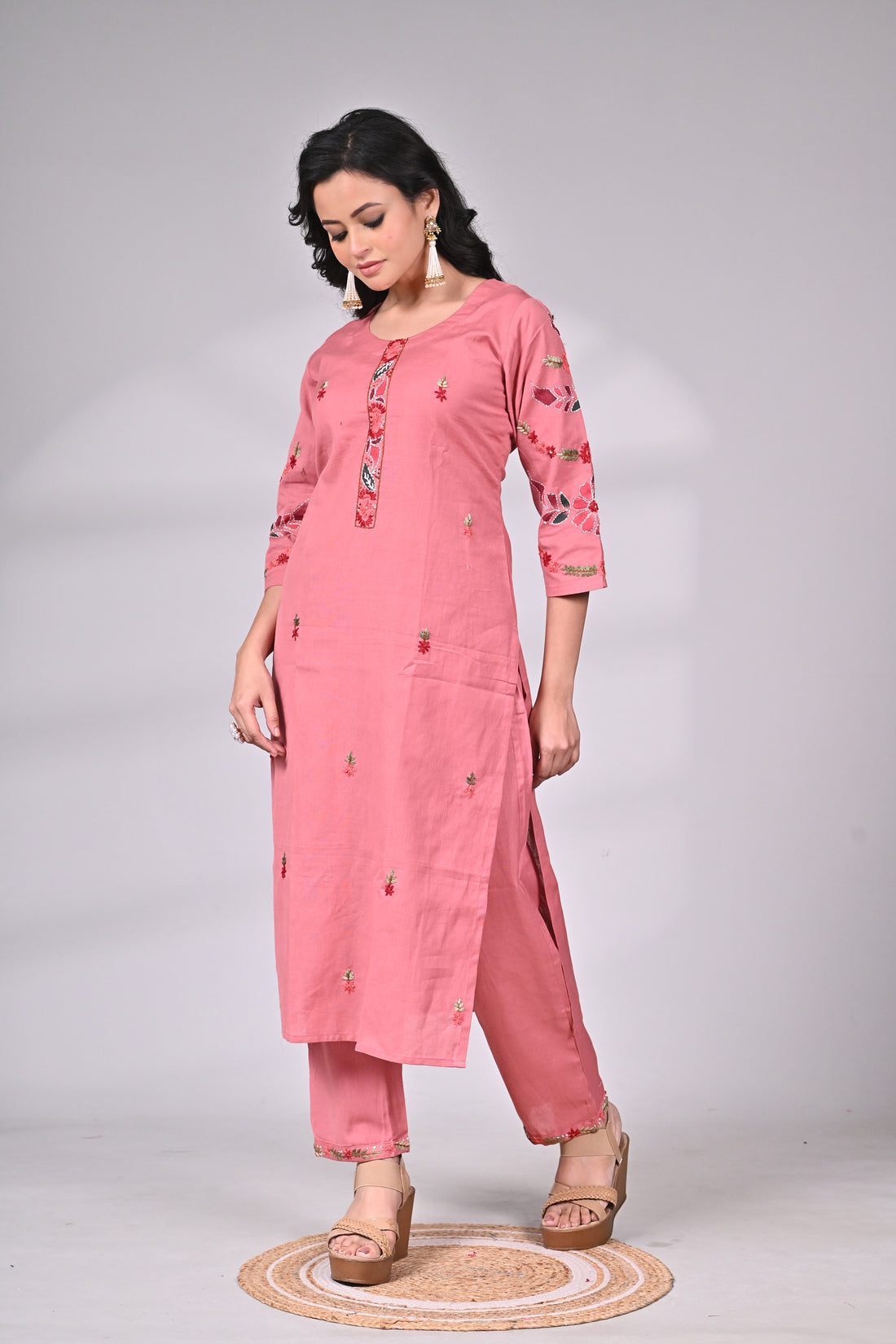 Pink Cotton Embroidered Suit Set with Straight Pants