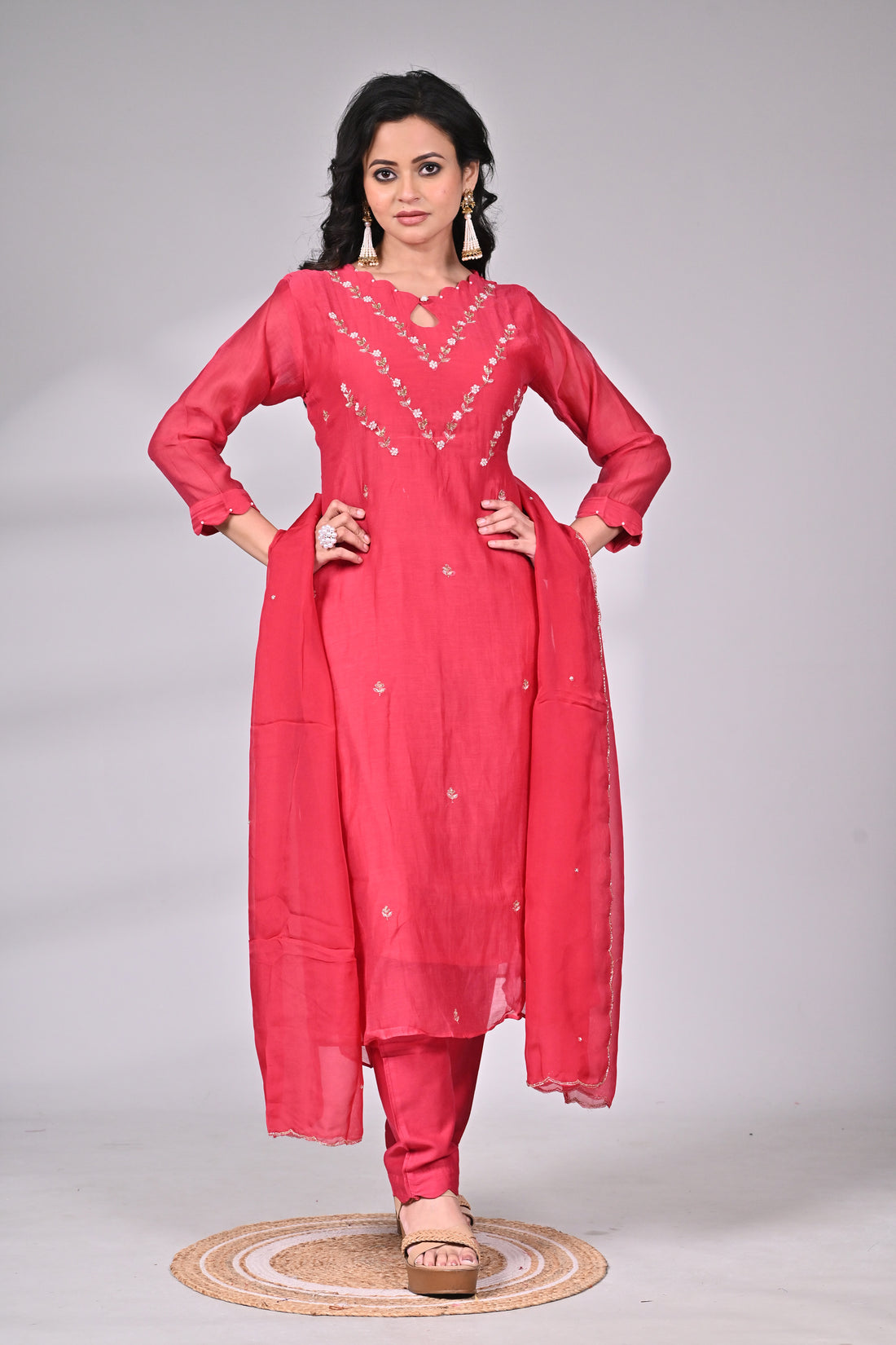 Rani Pink Silk Blend Zari Embroidered Suit Set with Dupatta