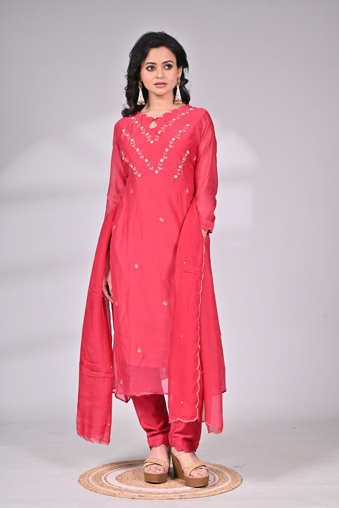 Rani Pink Silk Blend Zari Embroidered Suit Set with Dupatta