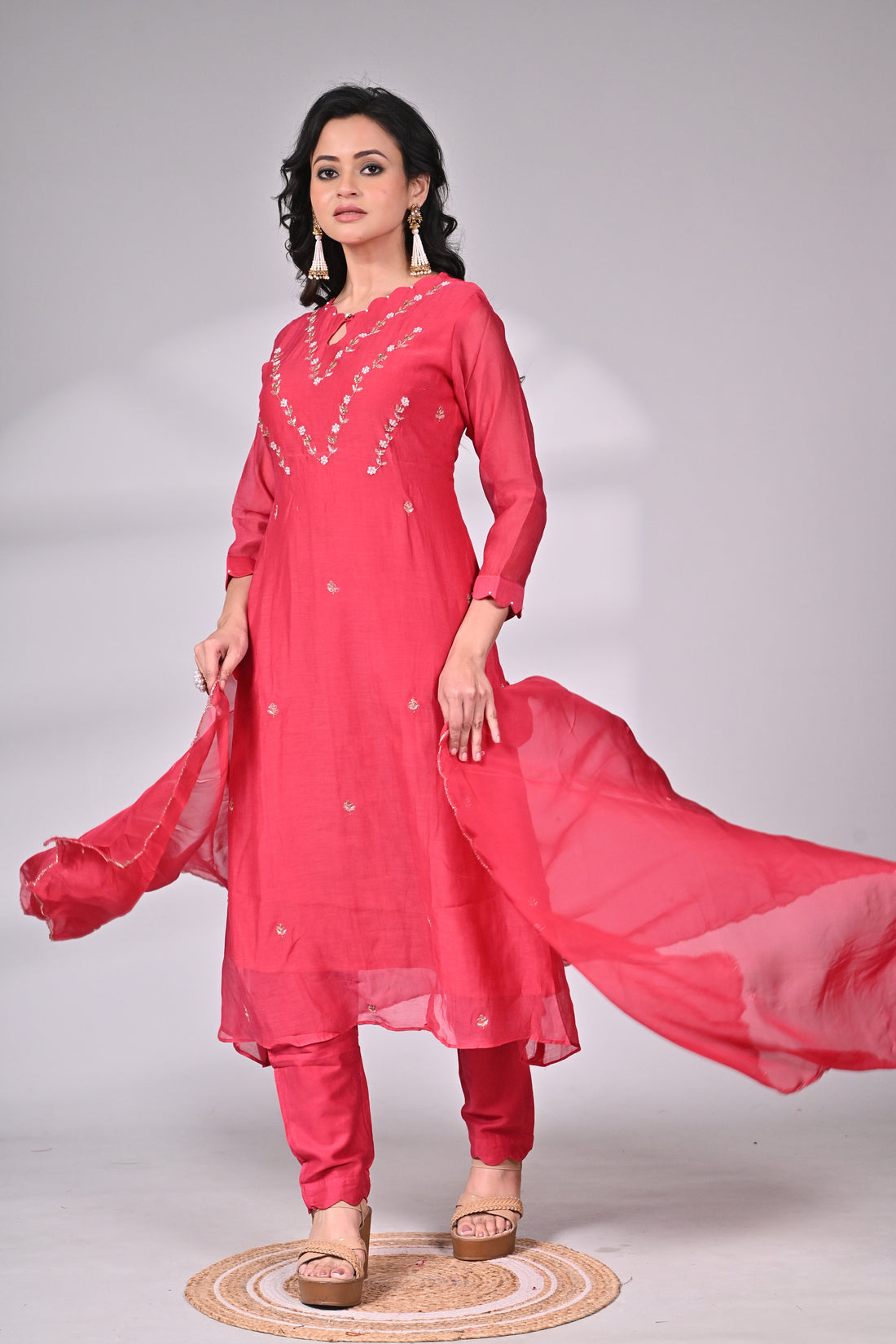 Rani Pink Silk Blend Zari Embroidered Suit Set with Dupatta