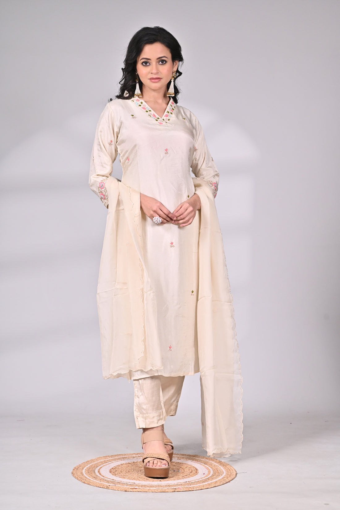 Ivory Silk Blend Suit Set with Zari and Thread Embroidery
