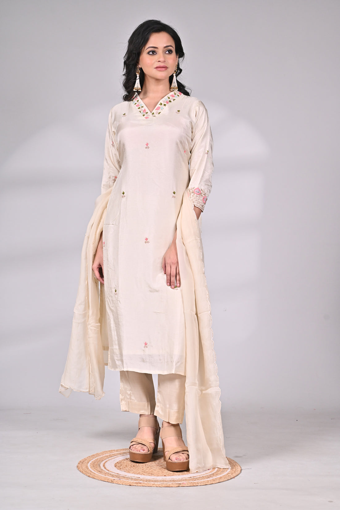Ivory Silk Blend Suit Set with Zari and Thread Embroidery