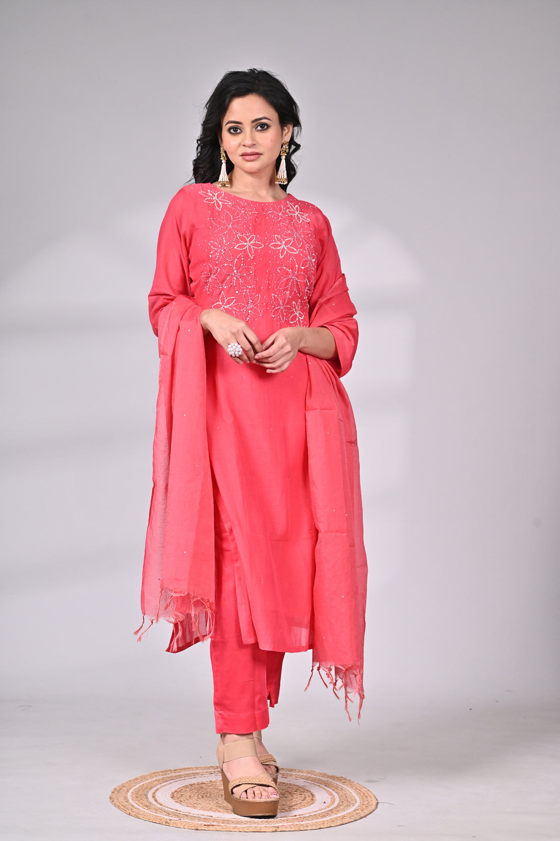 Coral Pink Silk Blend Embroidered Suit Set with Dupatta