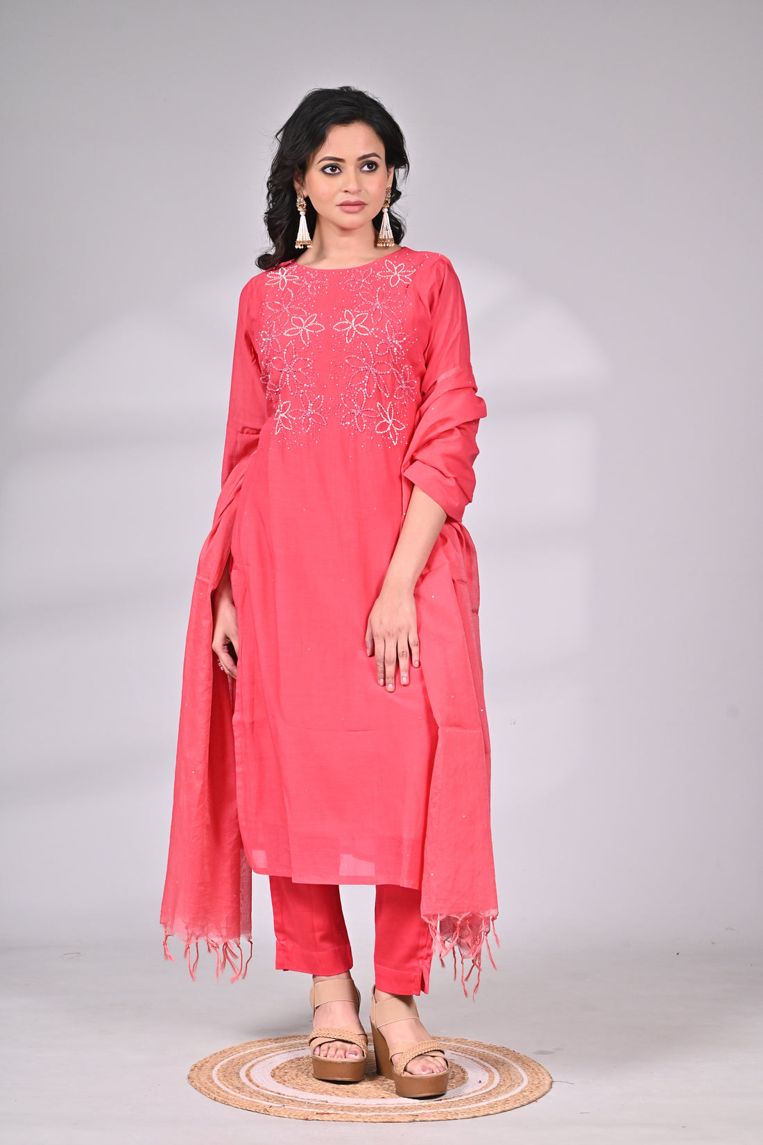 Coral Pink Silk Blend Embroidered Suit Set with Dupatta