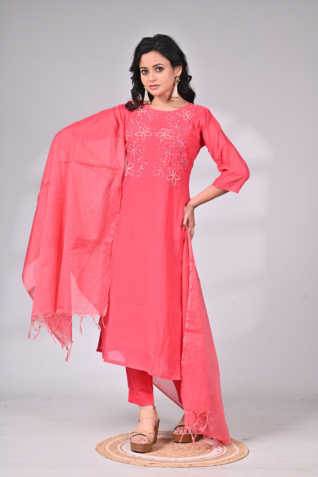 Coral Pink Silk Blend Embroidered Suit Set with Dupatta