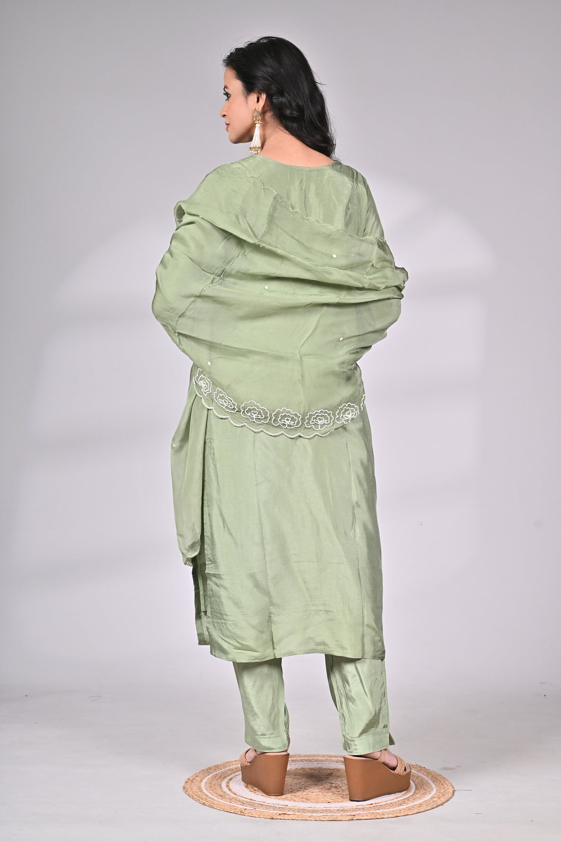 Sage Green Silk Blend Embroidered Suit Set with Dupatta