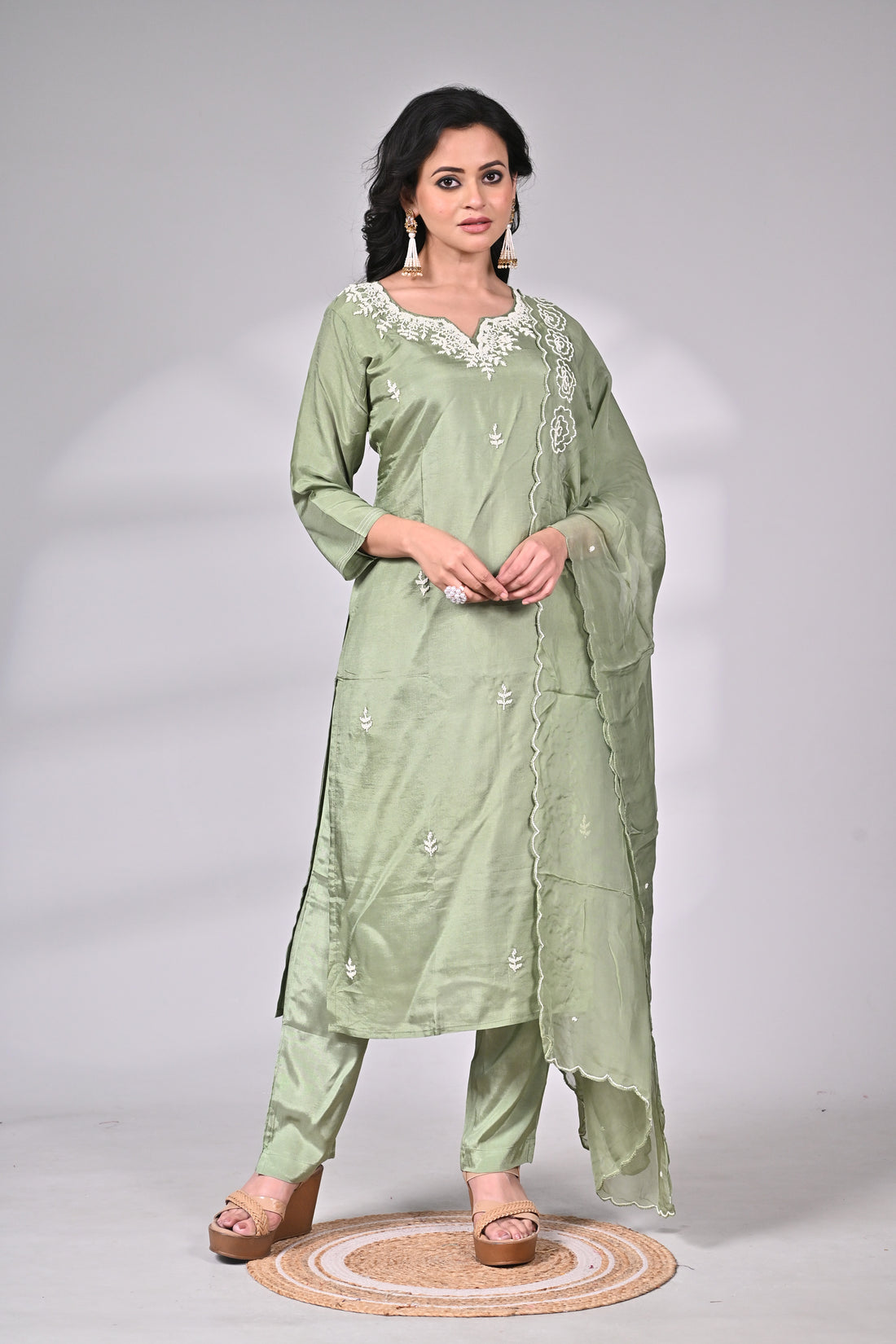 Sage Green Silk Blend Embroidered Suit Set with Dupatta