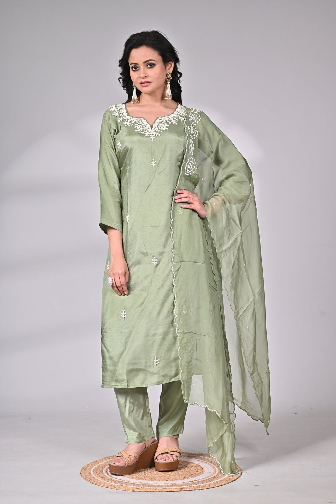 Sage Green Silk Blend Embroidered Suit Set with Dupatta